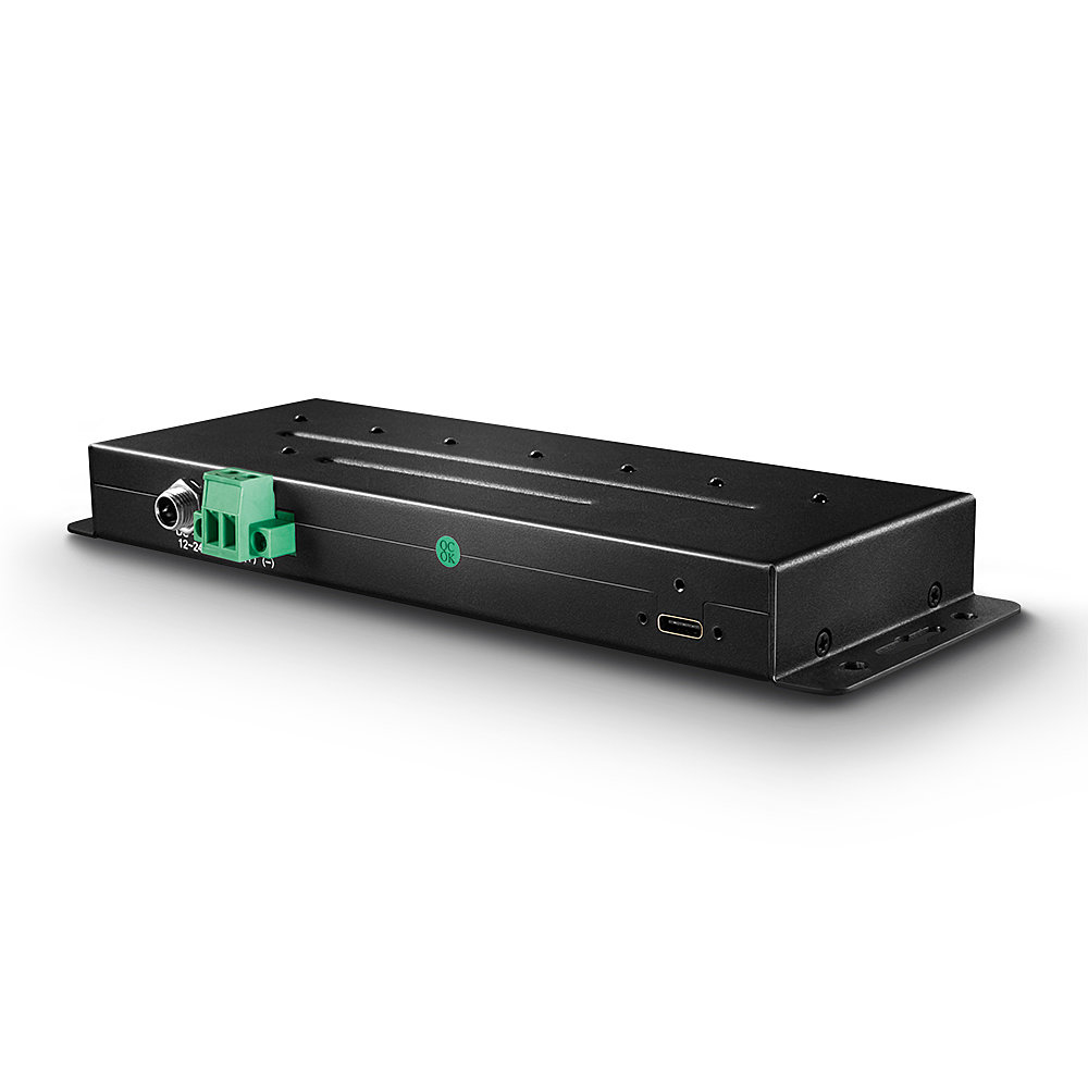 Hub rettangolare nero con morsettiera verde e porta USB, su sfondo bianco.