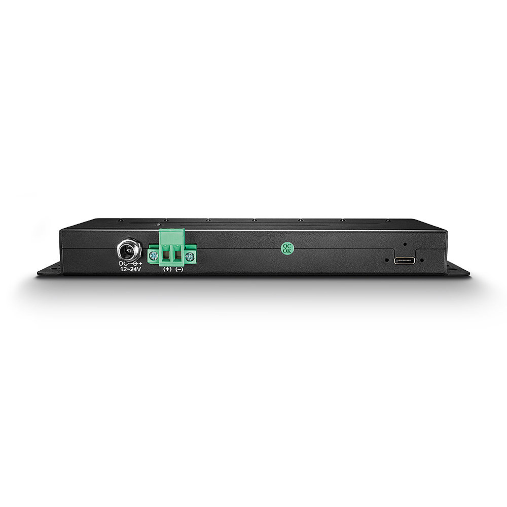 Dispositivo rettangolare nero con porte di alimentazione e USB-C sul lato.