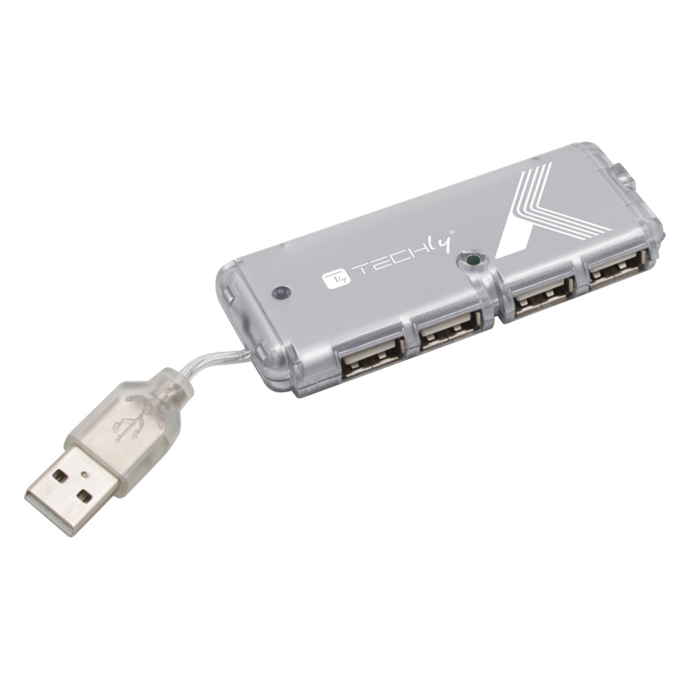 Hub USB Techly argentato con quattro porte e cavo, su sfondo bianco.