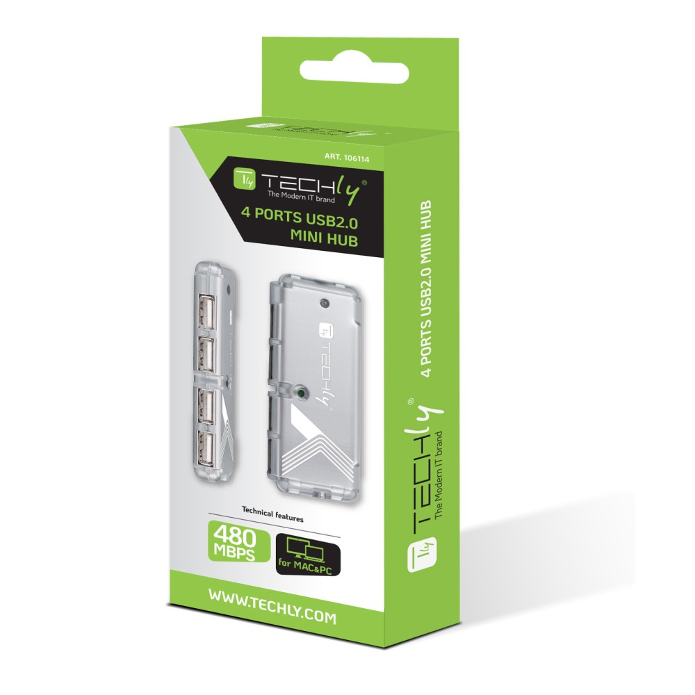 Scatola che mostra un mini hub USB 2.0 Techly. La scatola è verde e bianca.