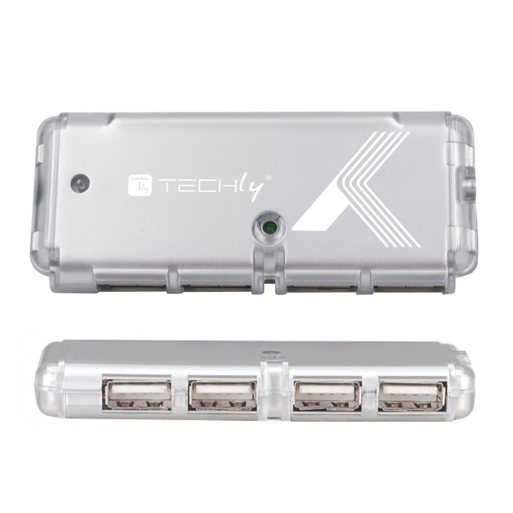 Hub USB argentato con 4 porte USB. Il marchio è 'TECHly', con un logo a forma di K.