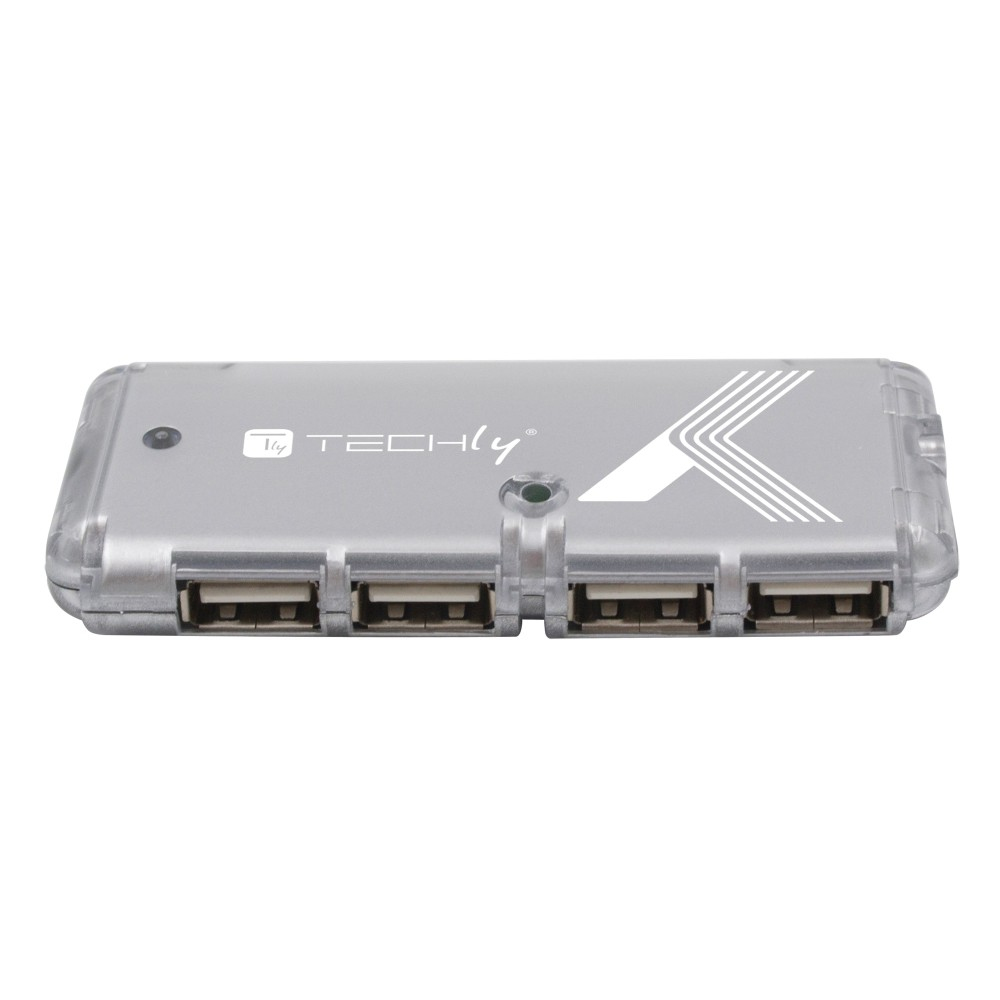 Hub USB Techly argento con quattro porte, custodia in plastica trasparente.