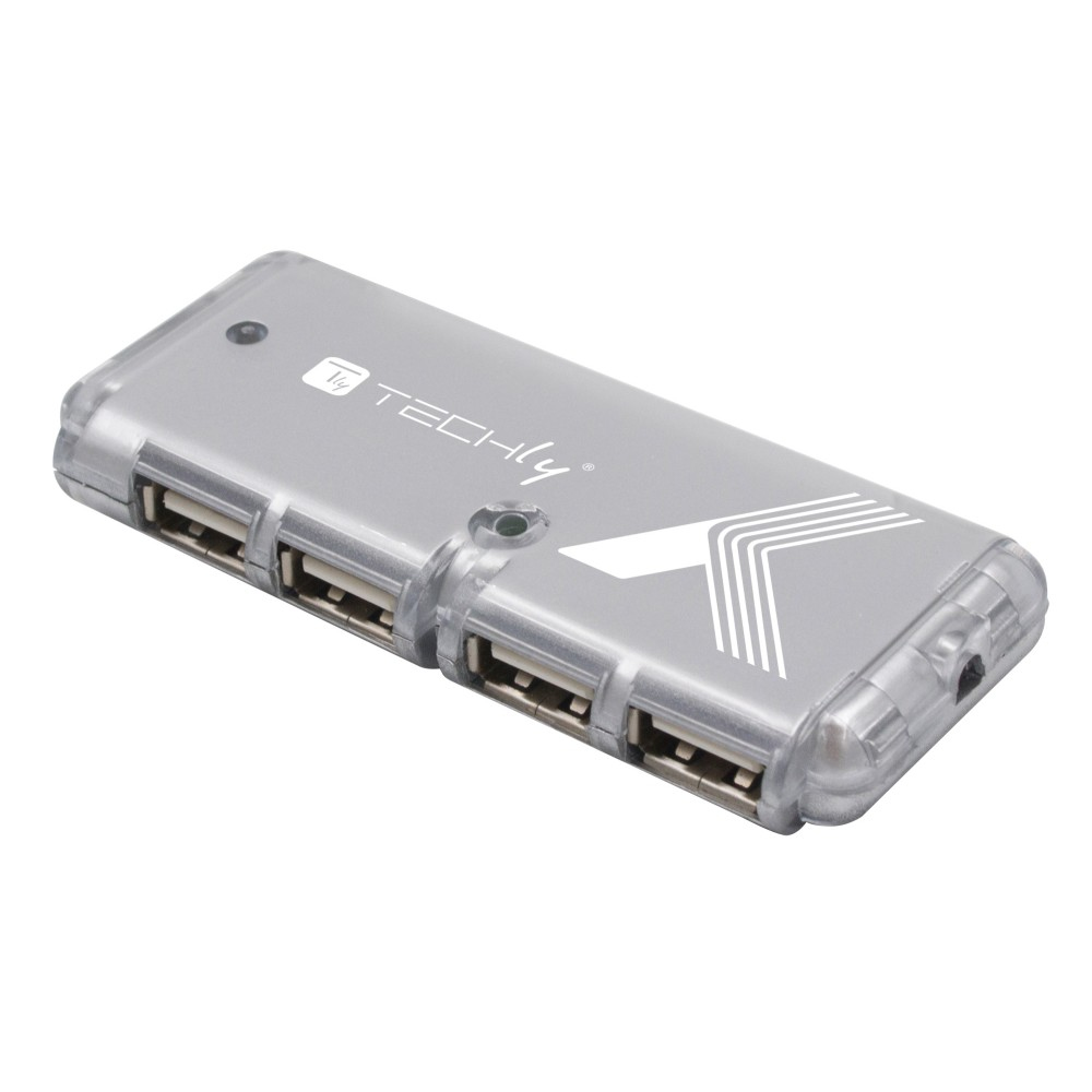 Hub USB argentato con quattro porte. Il marchio 'TECHly' è visibile. Lato trasparente.