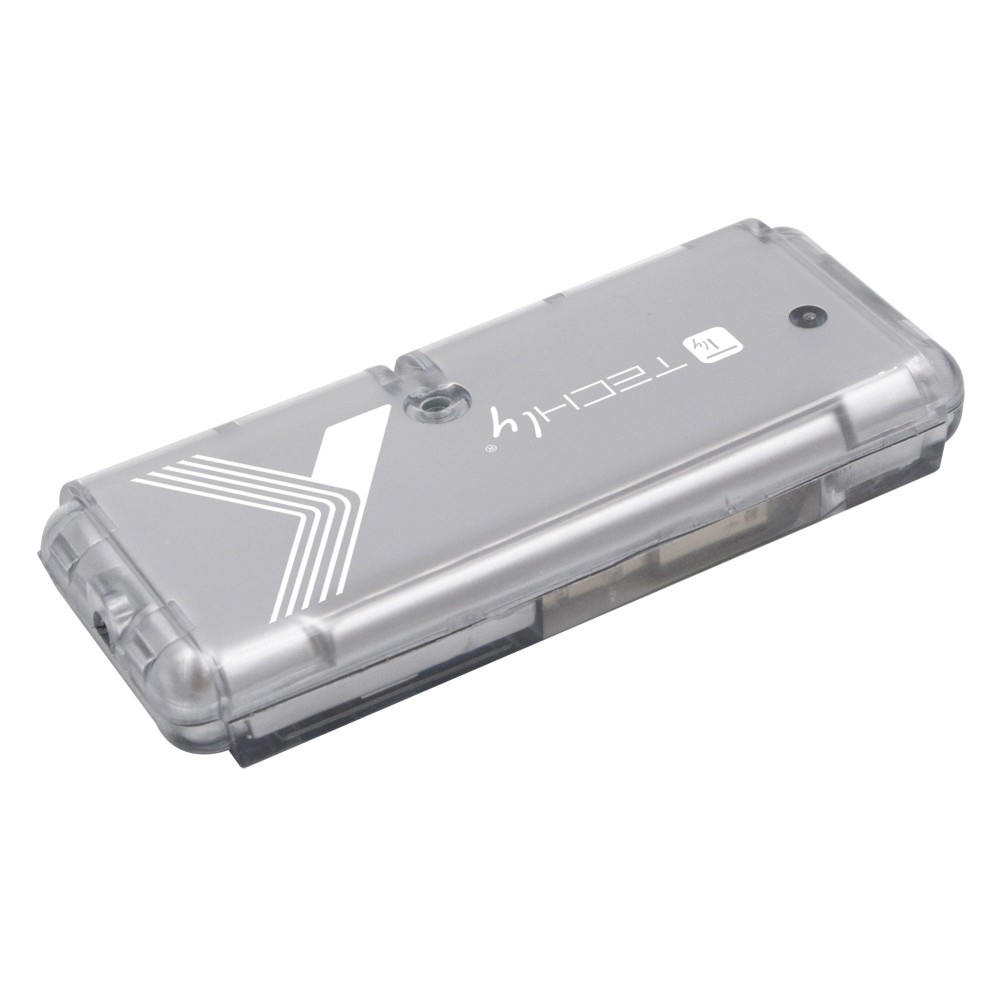 Un dispositivo USB in plastica grigia e trasparente con il logo “TECHly”, su sfondo bianco.