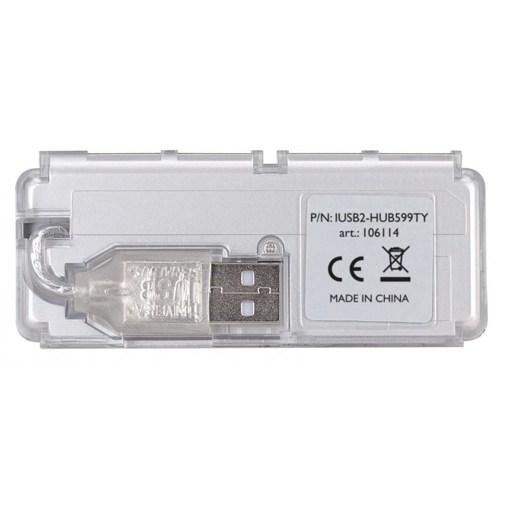 Un adattatore USB in plastica trasparente, lato posteriore visibile, con testo e marchio CE.