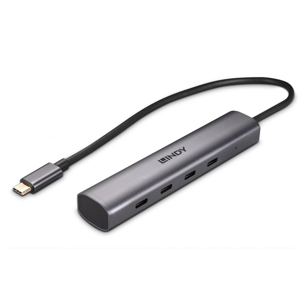 Un hub USB-C LINDY grigio con più porte, collegato a un cavo nero e un connettore USB-C.