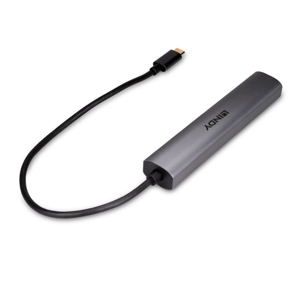 Hub USB grigio con connettore USB-C e cavo.