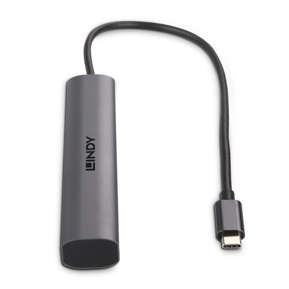 Hub USB LINDY grigio con cavo, su sfondo bianco.