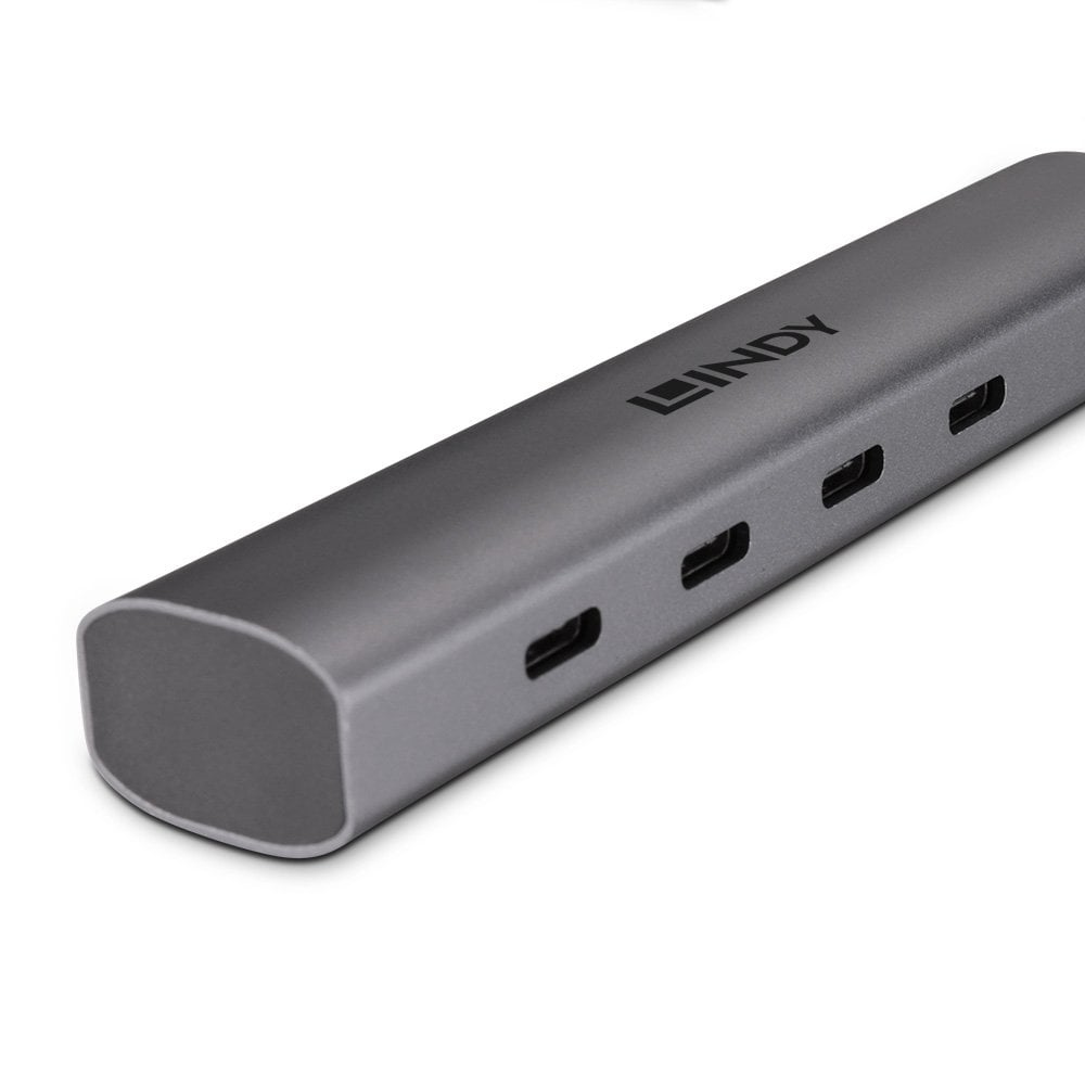Hub USB Lindy con 4 porte, colore grigio, su sfondo bianco.
