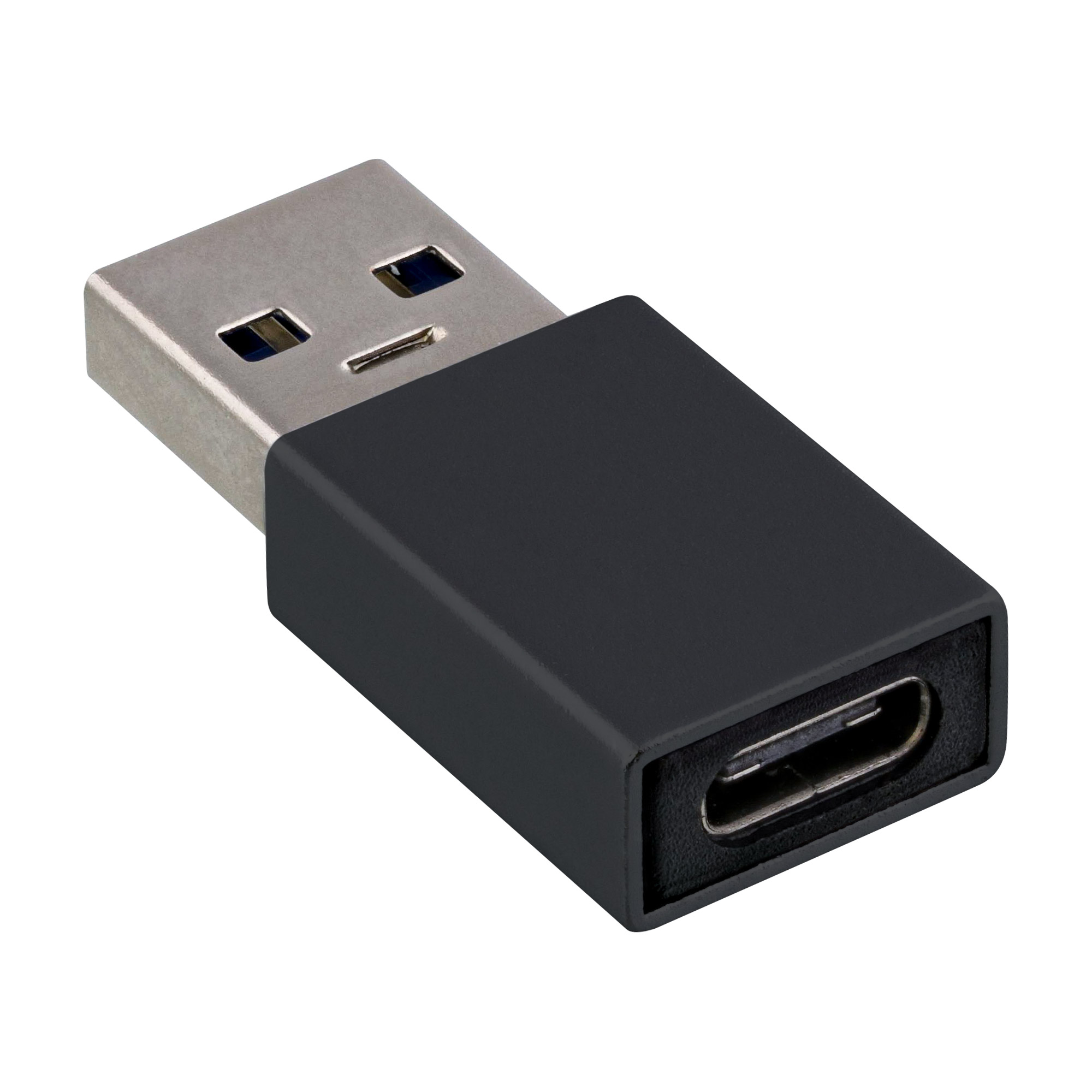 Adattatore USB-C nero con connettore USB-A, su sfondo bianco.