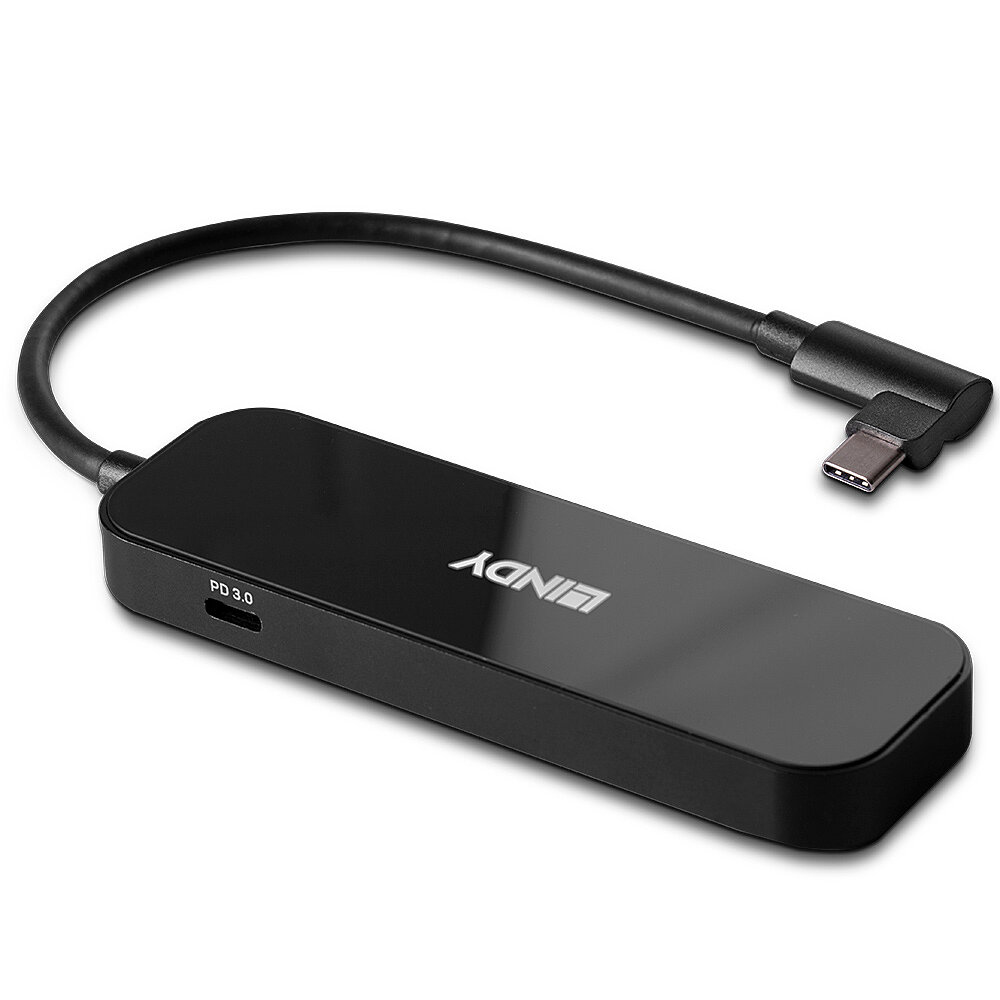 Adattatore LINDY PD 3.0 nero. Rettangolo nero con cavo USB-C e porta USB-C.
