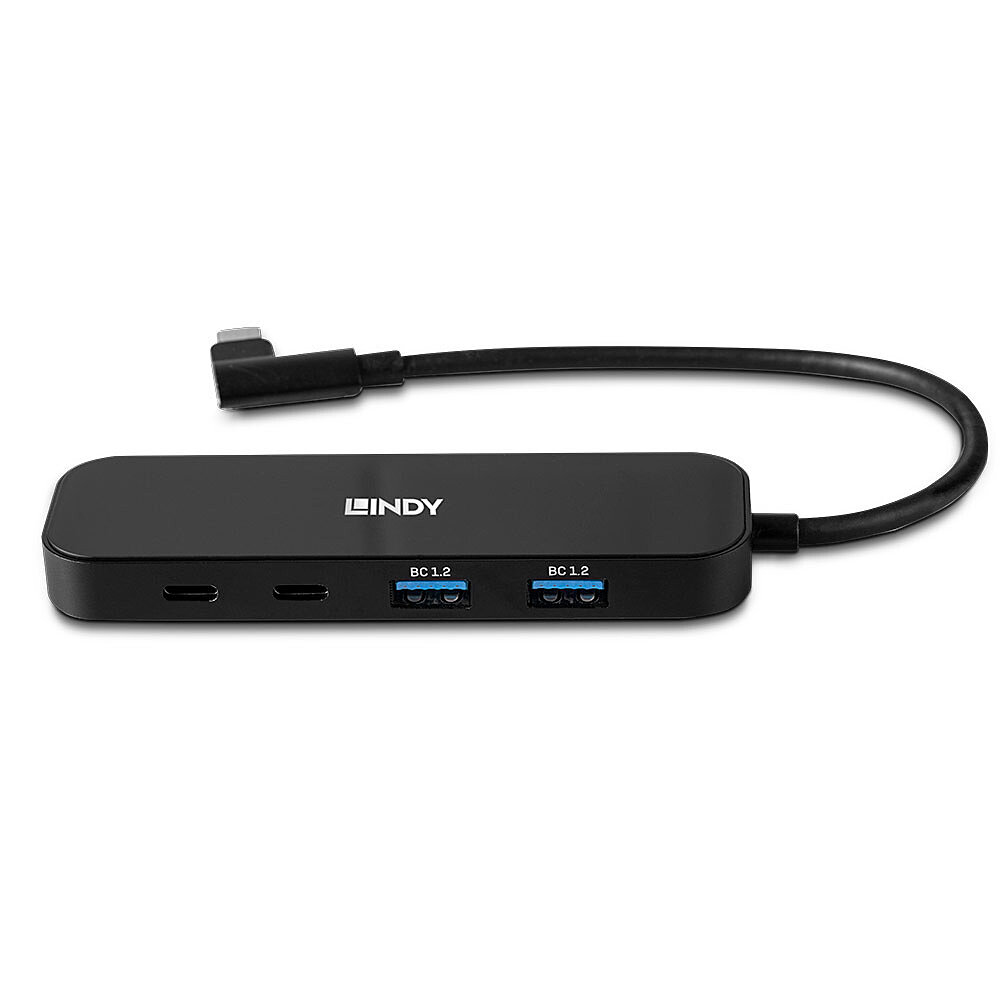 Hub USB LINDY nero con più porte e un cavo nero collegato.