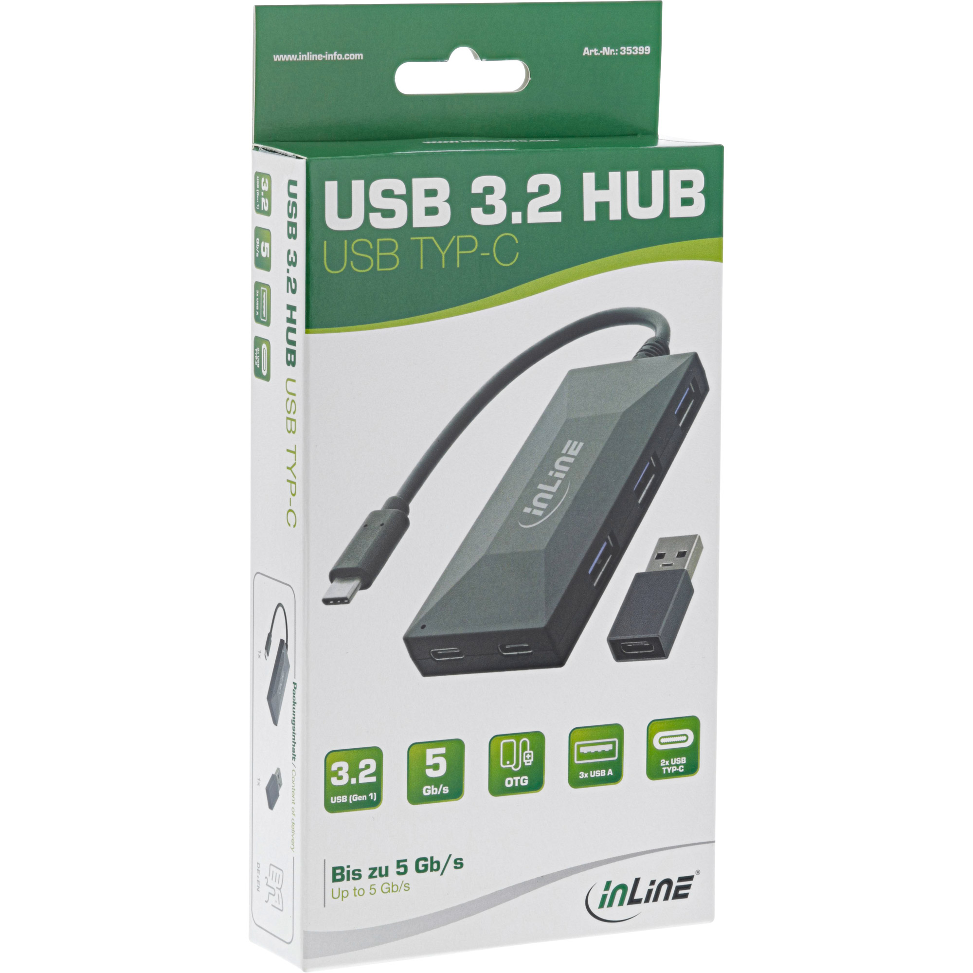 Hub USB 3.2 con connettore USB-C in una scatola. La scatola mostra l'hub e il connettore USB-A.
