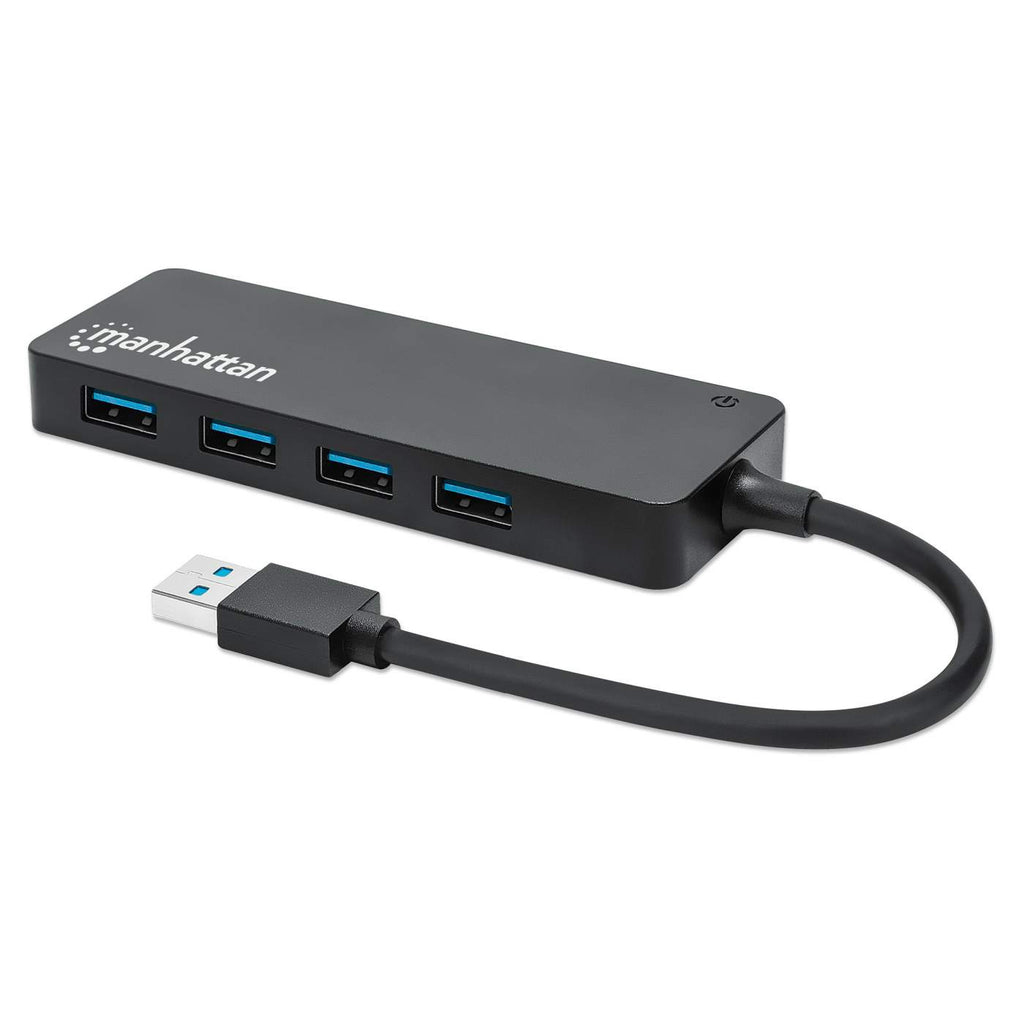 Hub USB Manhattan nero con quattro porte e cavo, su sfondo bianco.