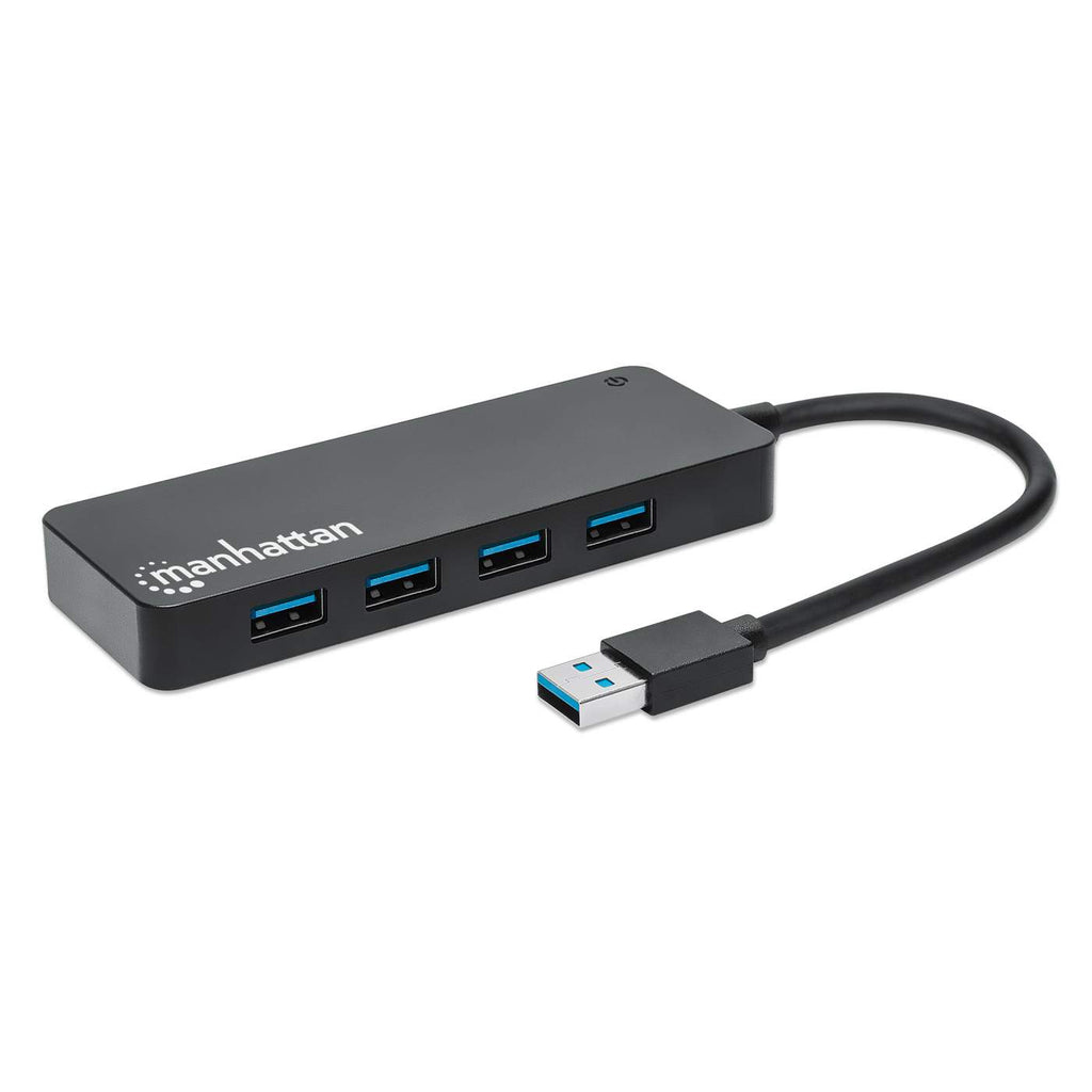 Un hub USB nero con 4 porte e un cavo. Il marchio è visibile.
