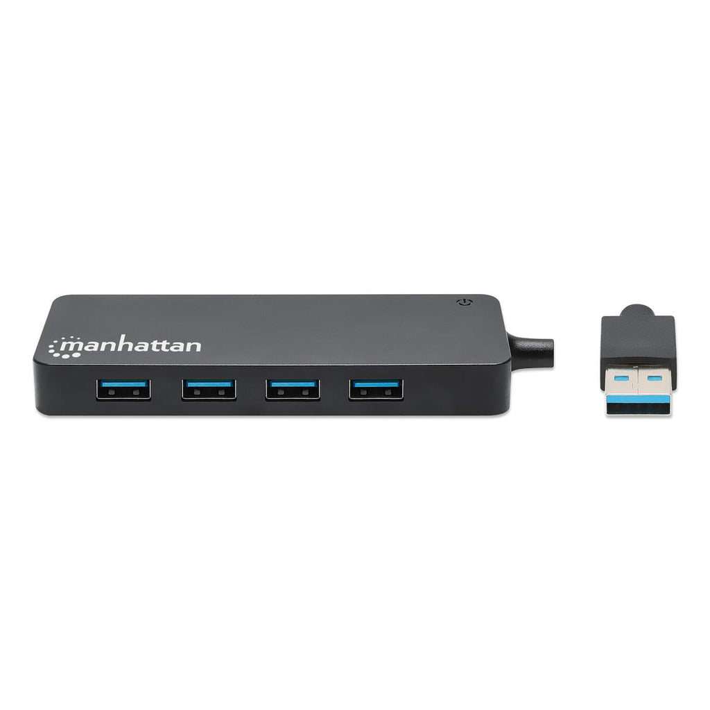 Hub USB nero con 4 porte e un connettore USB. L'hub è su uno sfondo bianco.