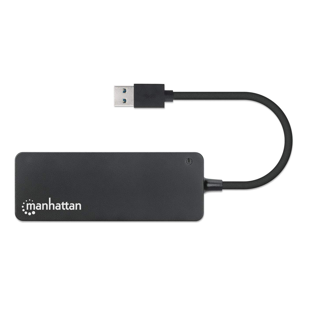 Hub USB Manhattan nero. Ha una spina USB e un cavo collegato.