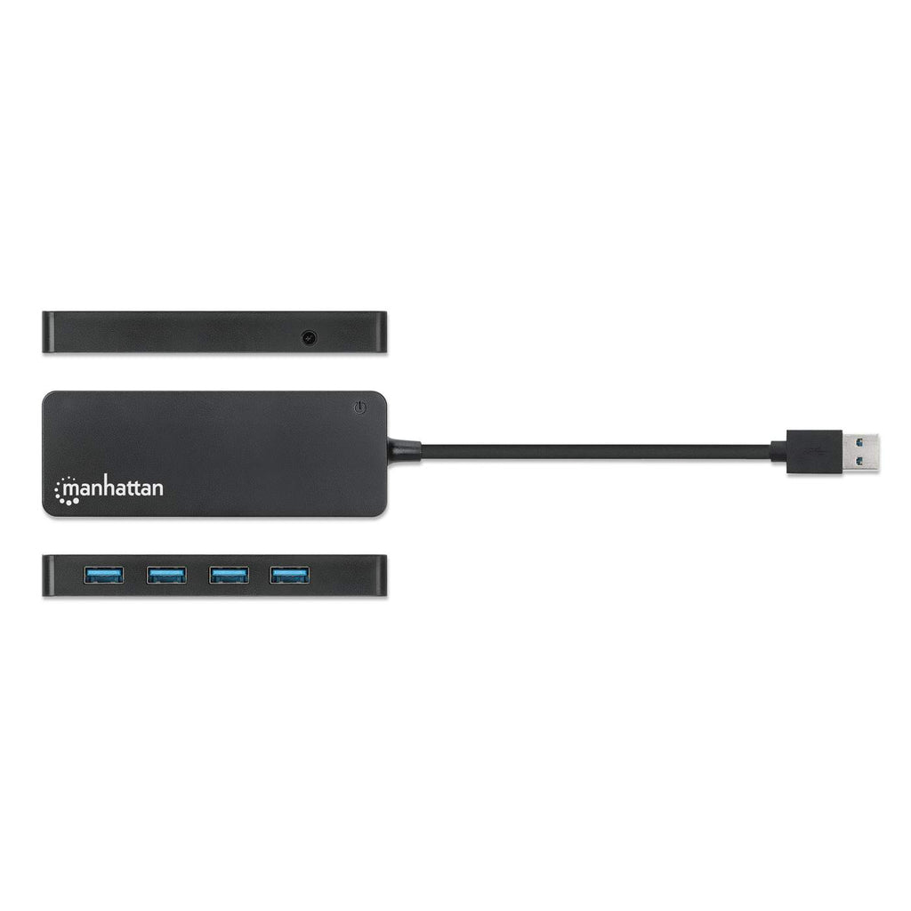 Hub USB Manhattan con 3 porte e cavo USB, parti su superficie bianca.