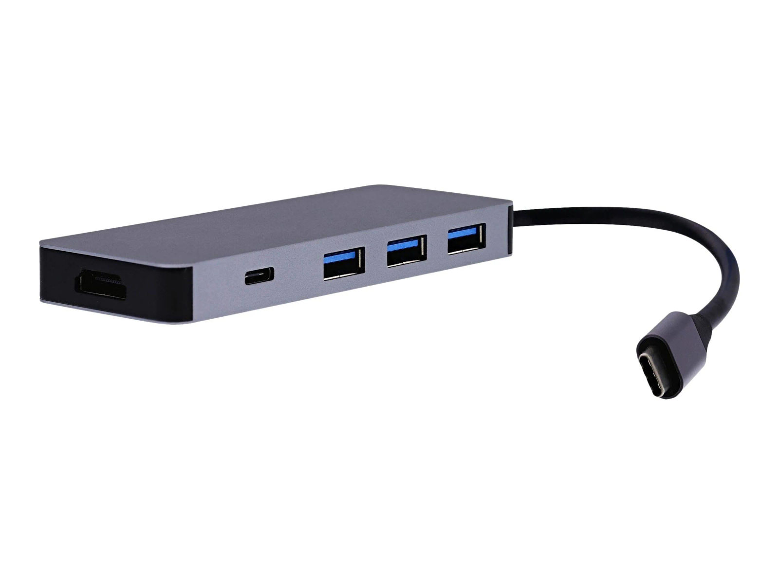 Hub USB grigio con 3 porte USB, una porta HDMI e un cavo USB-C.