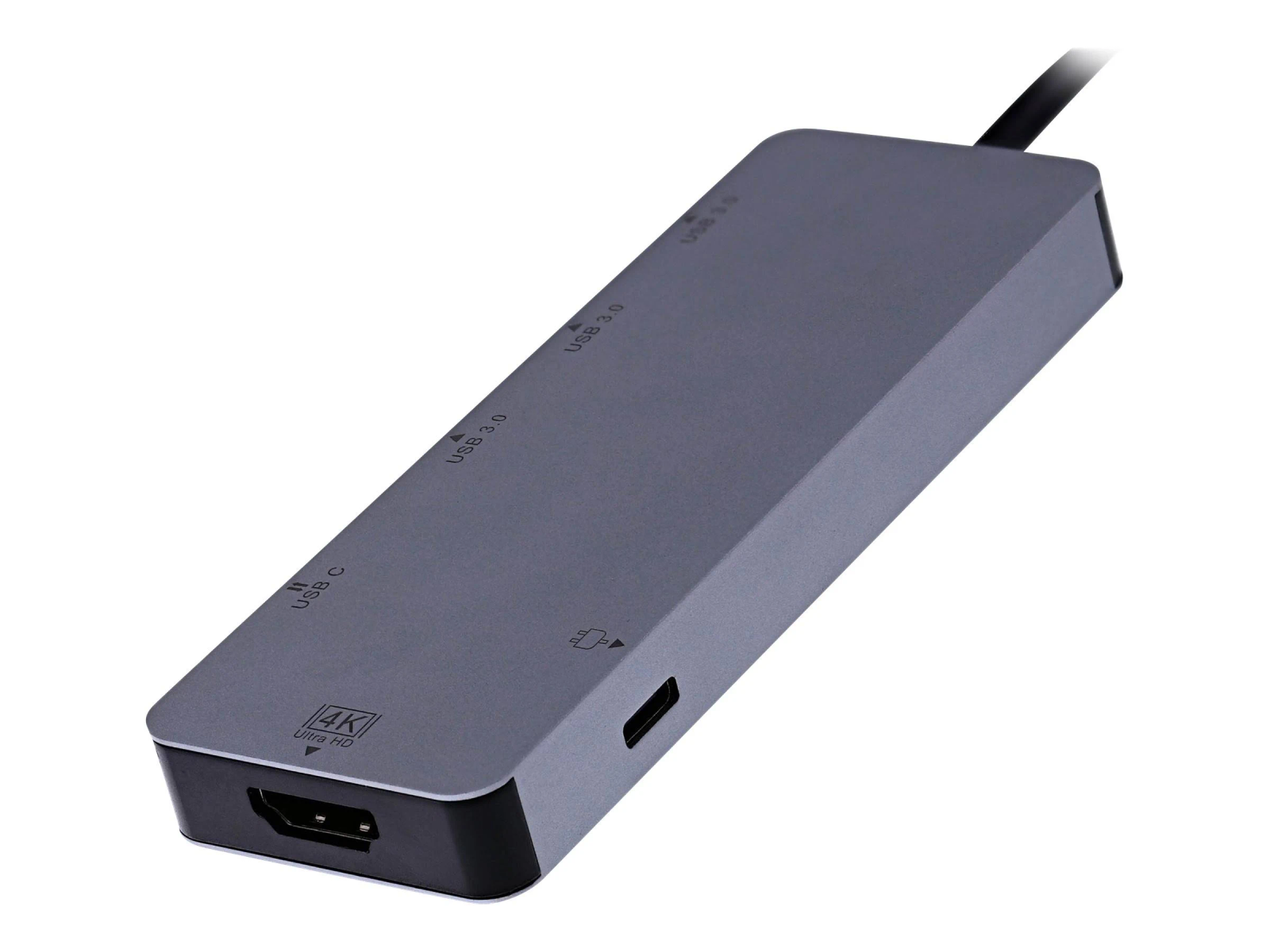 Hub USB grigio con porte USB-C e HDMI. Bordi neri e sfondo bianco.