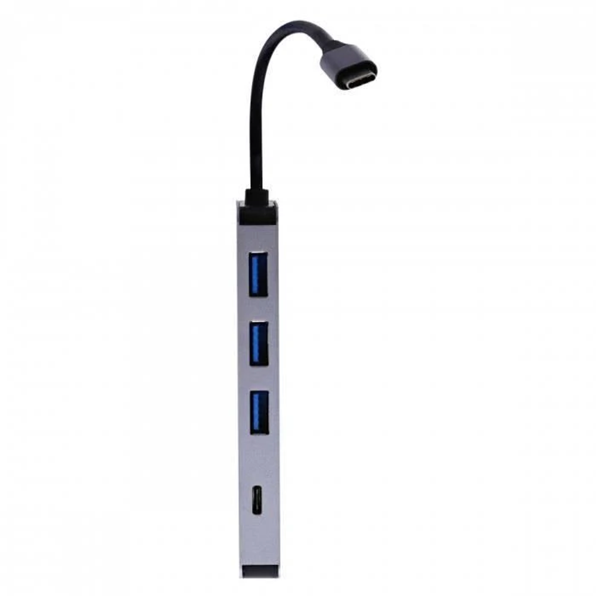 Hub USB argento con 3 porte USB blu, collegato a un cavo e connettore neri, su sfondo bianco.