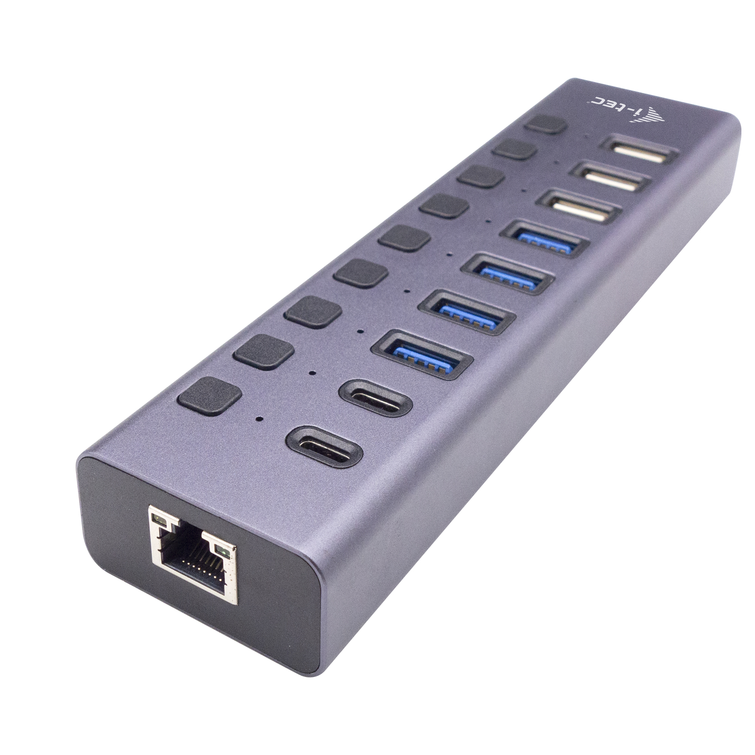 Un hub grigio scuro con porte USB. Ha varie porte USB e LAN. È su una superficie bianca.