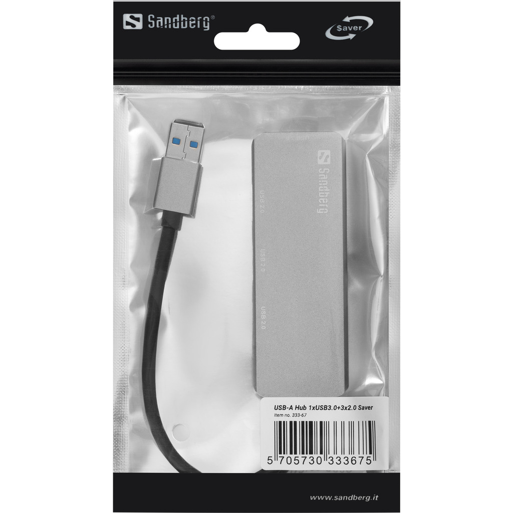Hub USB in una confezione di plastica. L'hub è grigio con un cavo USB. La confezione ha testo e un codice a barre.