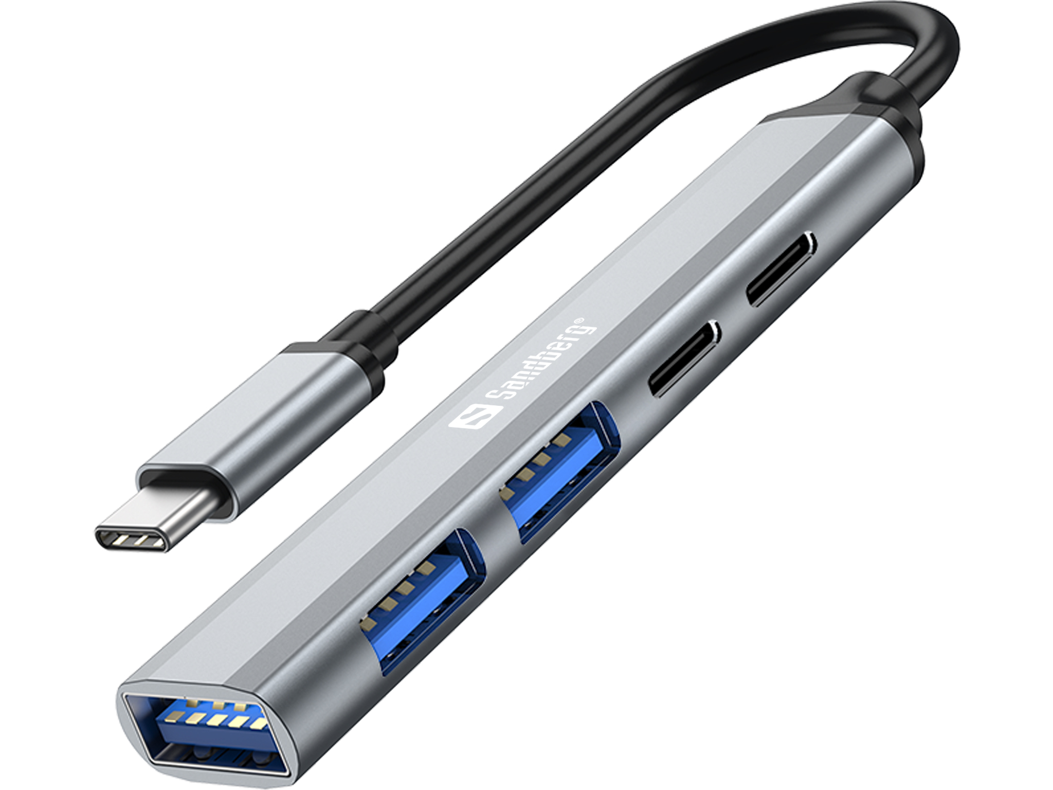 Hub USB Sandberg con porte, cavo USB-C e connettore USB su sfondo bianco.