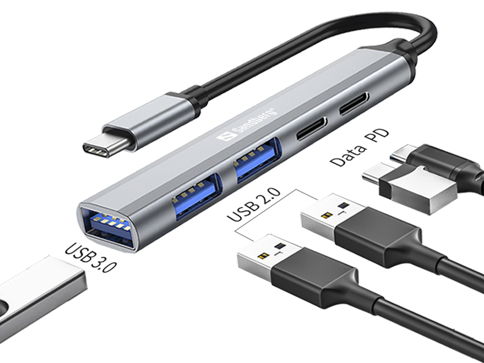 Hub USB argentato con più porte USB e cavi. Porte USB 2.0 e USB 3.0 etichettate.