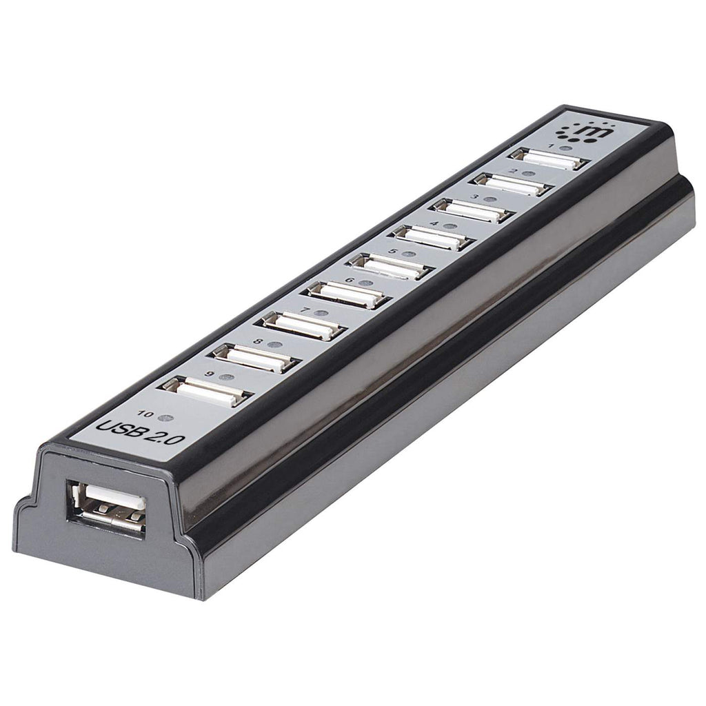 Hub USB nero con dieci porte. Testo 'USB 2.0' visibile. Sfondo bianco.