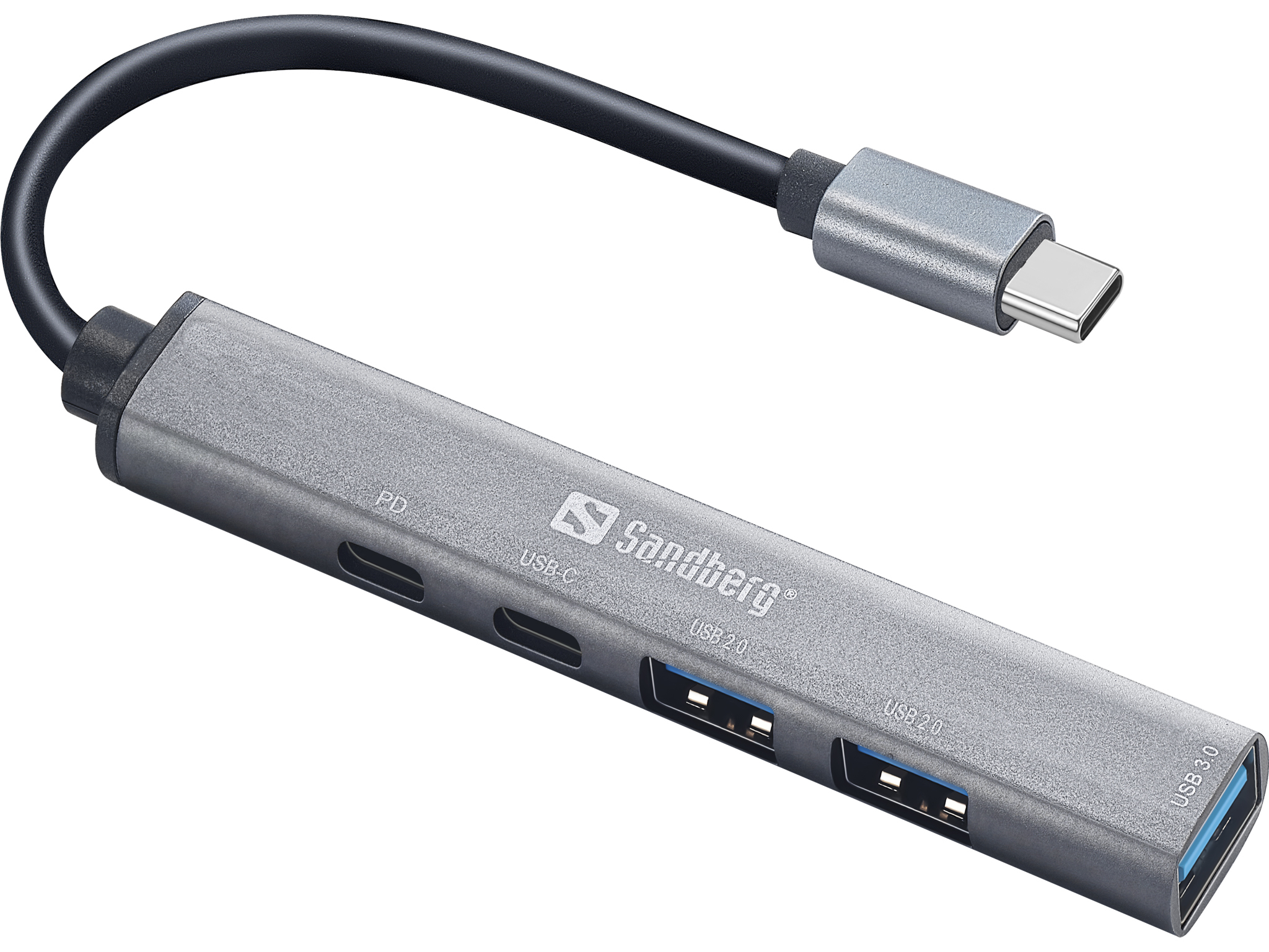 Hub USB Sandberg argentato con 3 porte USB e altre porte. Ha un cavo USB-C.