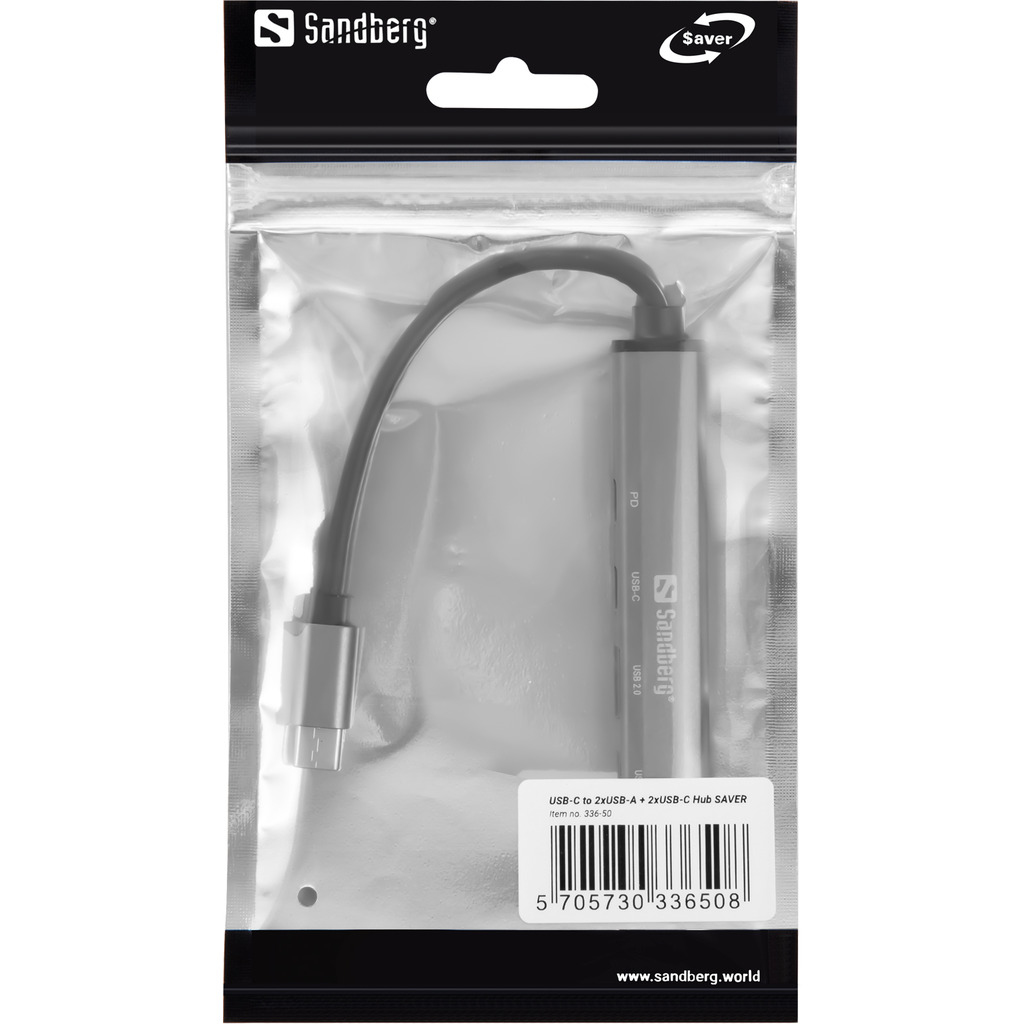 Hub USB Sandberg in una confezione di plastica. USB-C a 2xUSB-A e 2xUSB-C.