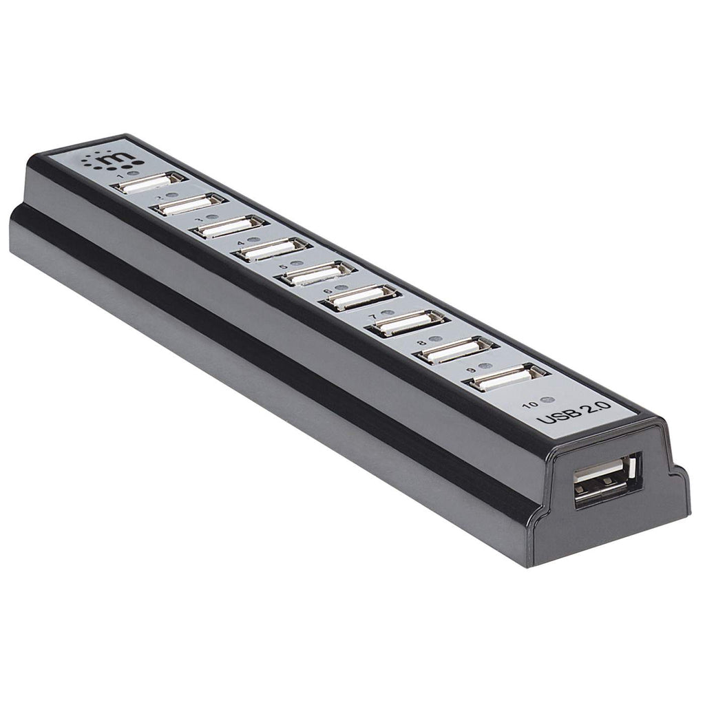 Hub USB nero con 10 porte, etichettato USB 2.0, su sfondo bianco.