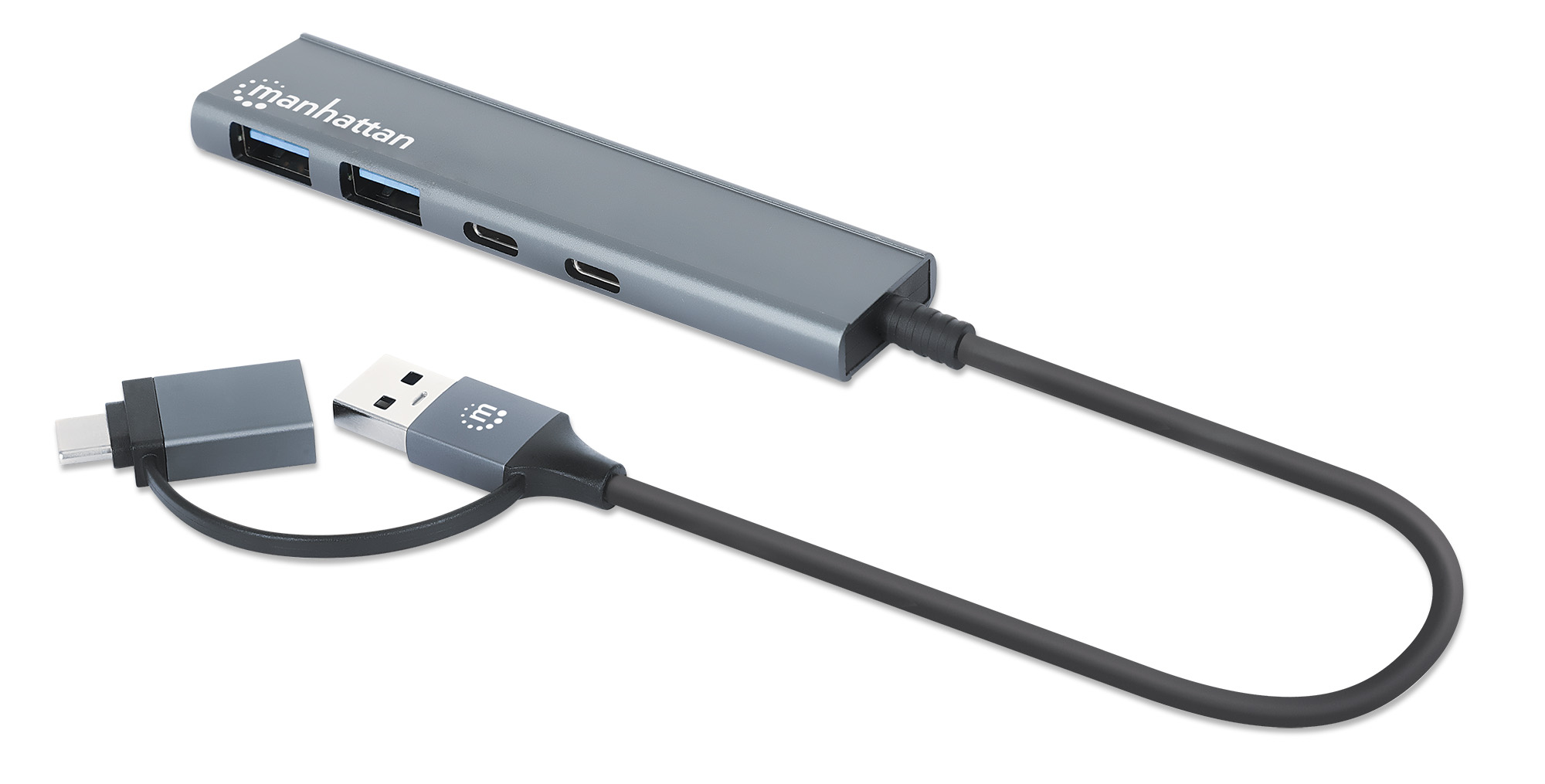 Hub USB Manhattan con USB-C e porte USB multiple. Colore grigio.