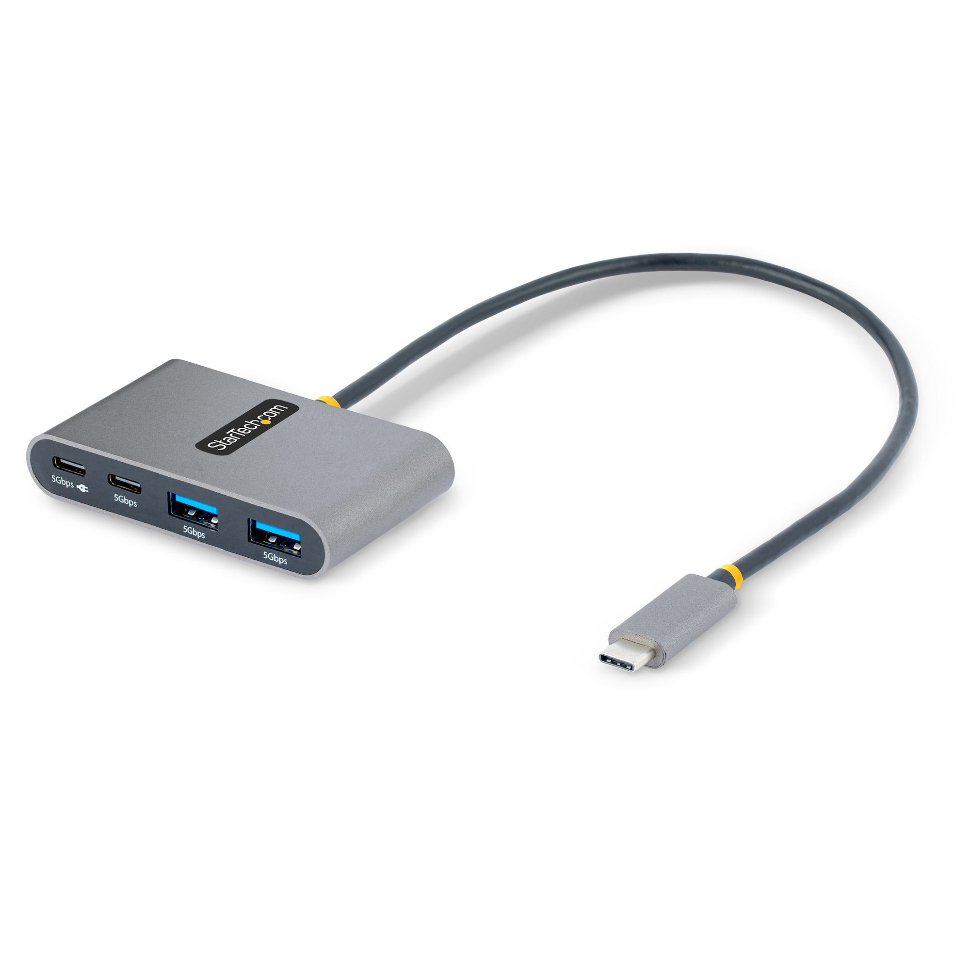 Grauer USB-Hub mit angeschlossenem Kabel. Verfügt über mehrere USB-Anschlüsse. Weißer Hintergrund.