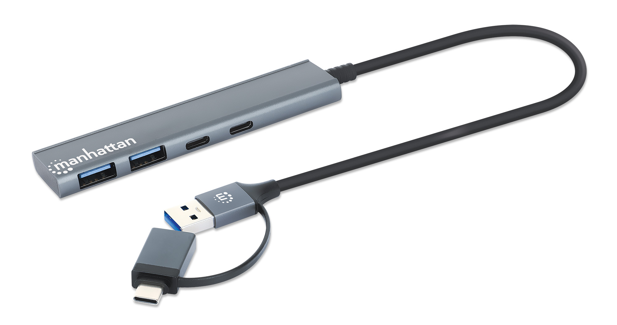 Hub USB Manhattan con 3 porte, connettore USB-C e USB su superficie bianca.