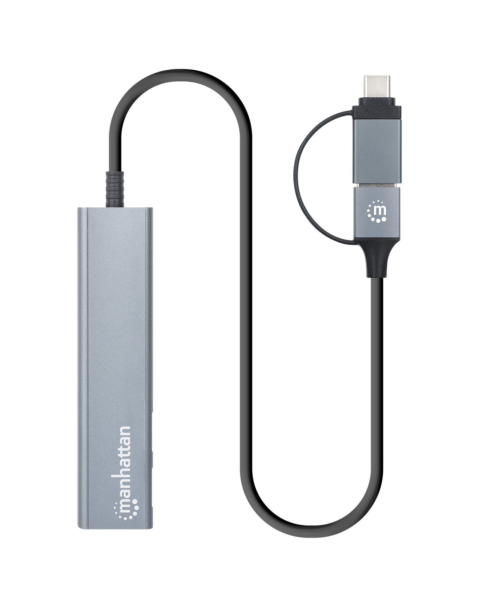 Un hub USB-C Manhattan argento con più porte, collegato a un cavo nero e un connettore USB-C.