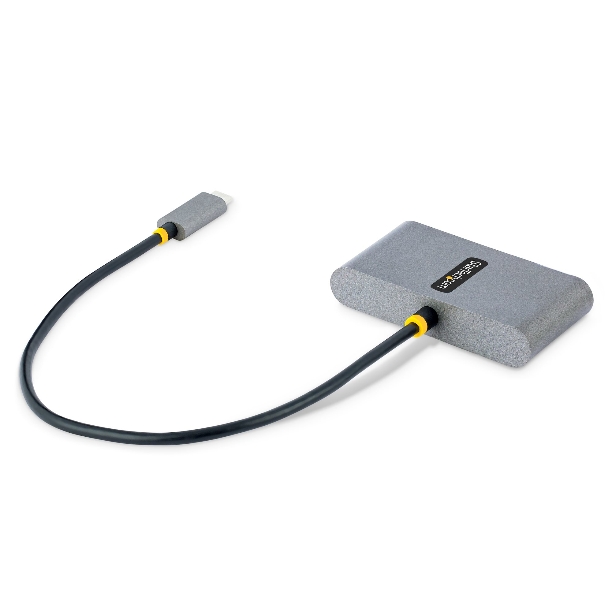 Grauer StarTech-Adapter mit schwarzem Kabel und gelben Akzenten auf Weiß.
