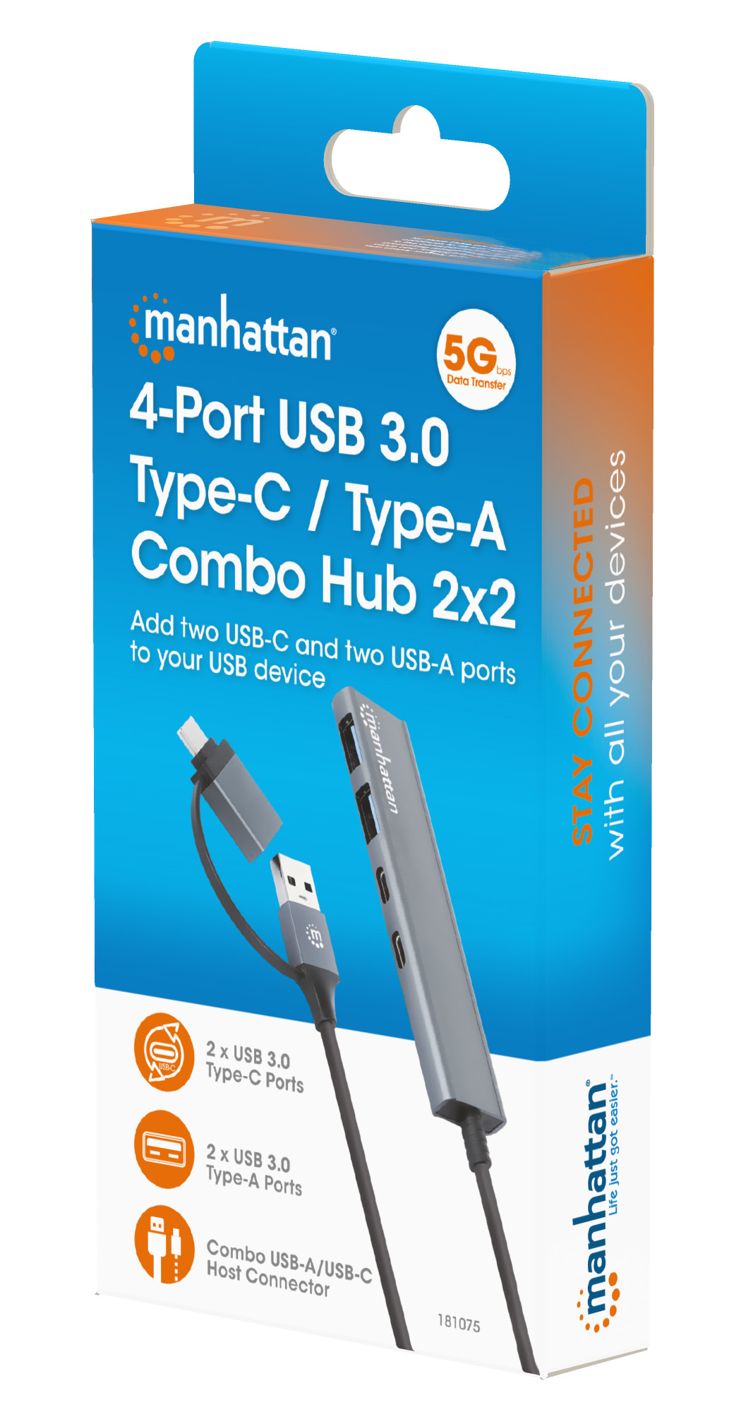 Scatola con hub USB. Blu e arancione. Marchio 'Manhattan'. Hub combo 4 porte USB 3.0.