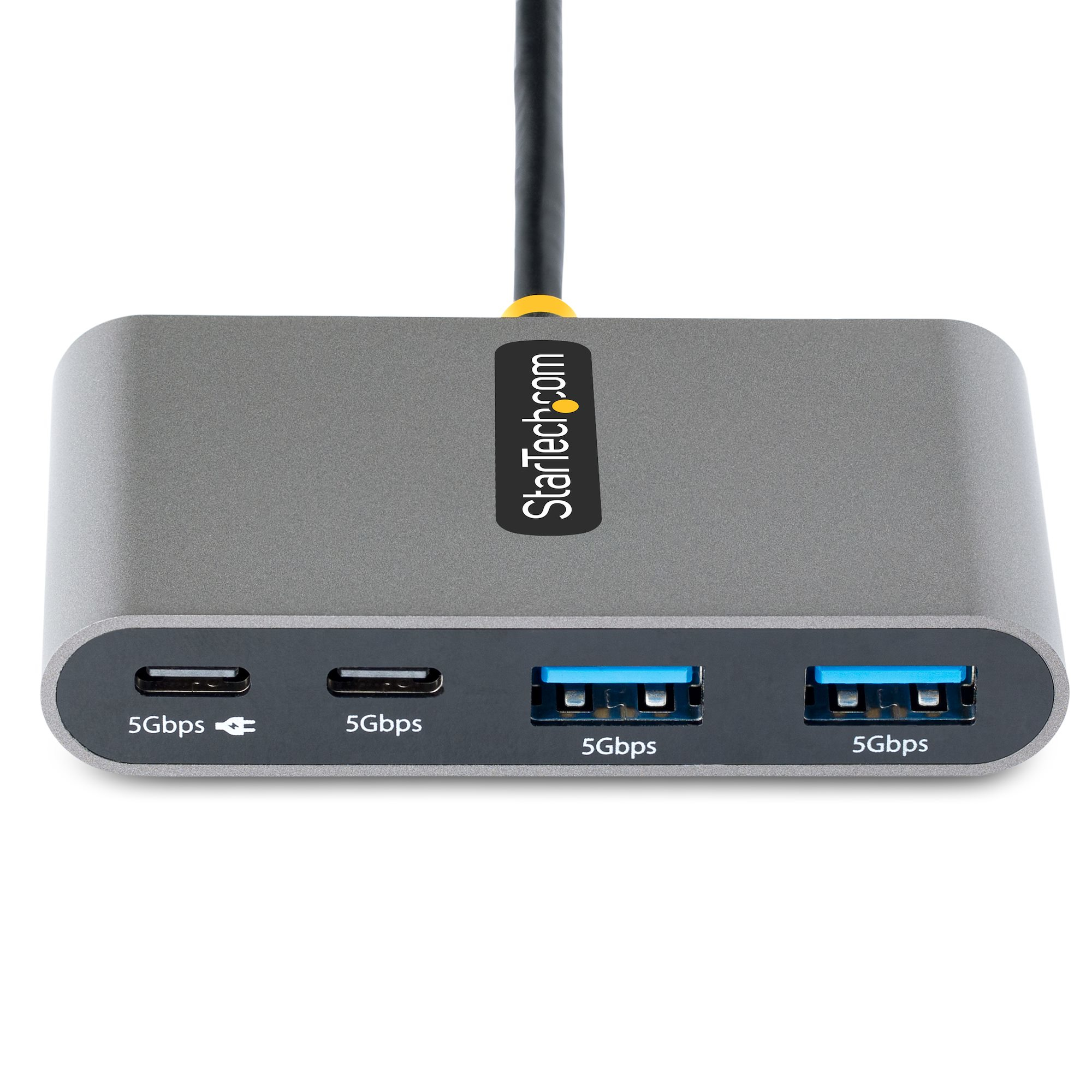 Grauer USB-Hub mit vier Anschlüssen. Oben befindet sich ein Logo. Schwarzes Kabel.