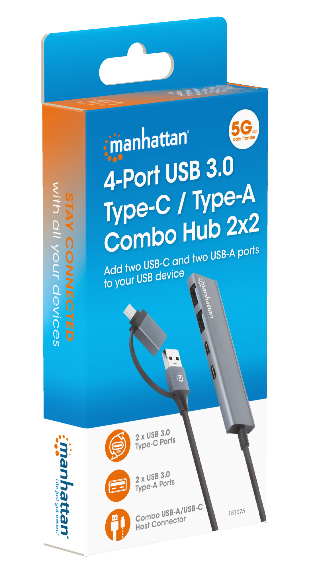 Una scatola con un hub USB, una USB-C e una porta USB-A. La scatola è arancione e blu.