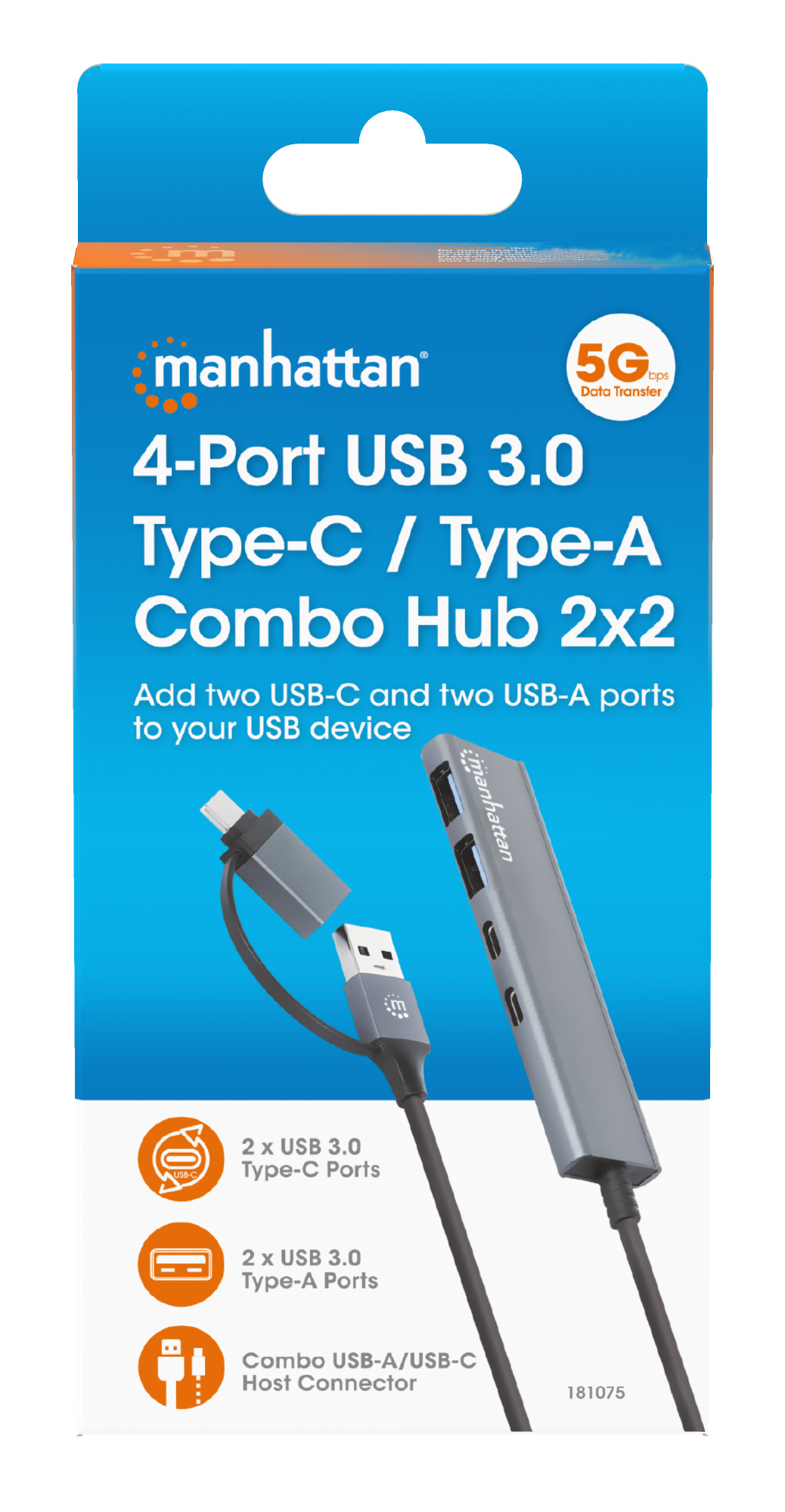 Hub USB a 4 porte con porte Type-C e Type-A, mostra i dettagli del prodotto.