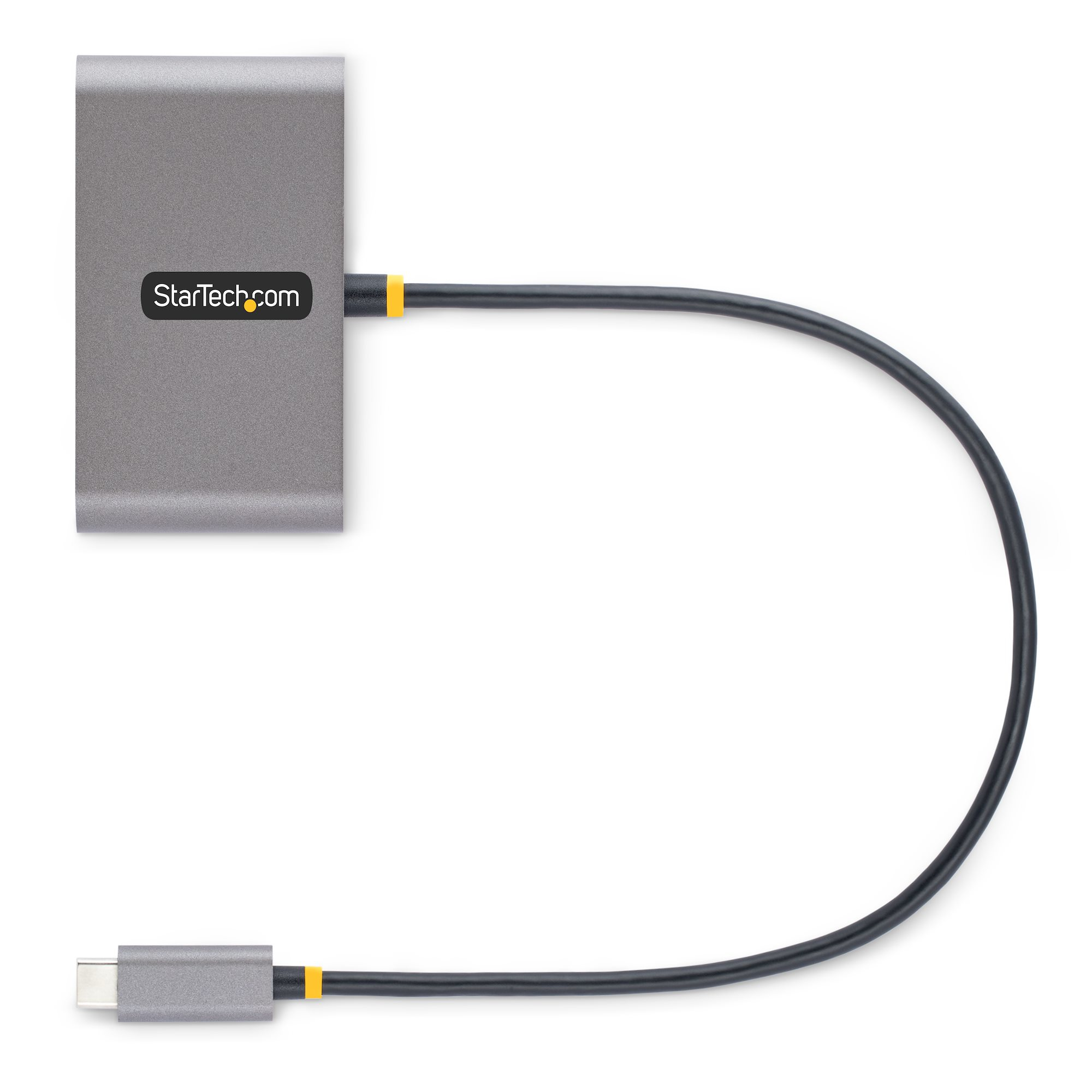 Grauer StarTech.com USB-C-Hub mit schwarzem Kabel und Stecker. Der Hub befindet sich auf einer weißen Oberfläche.