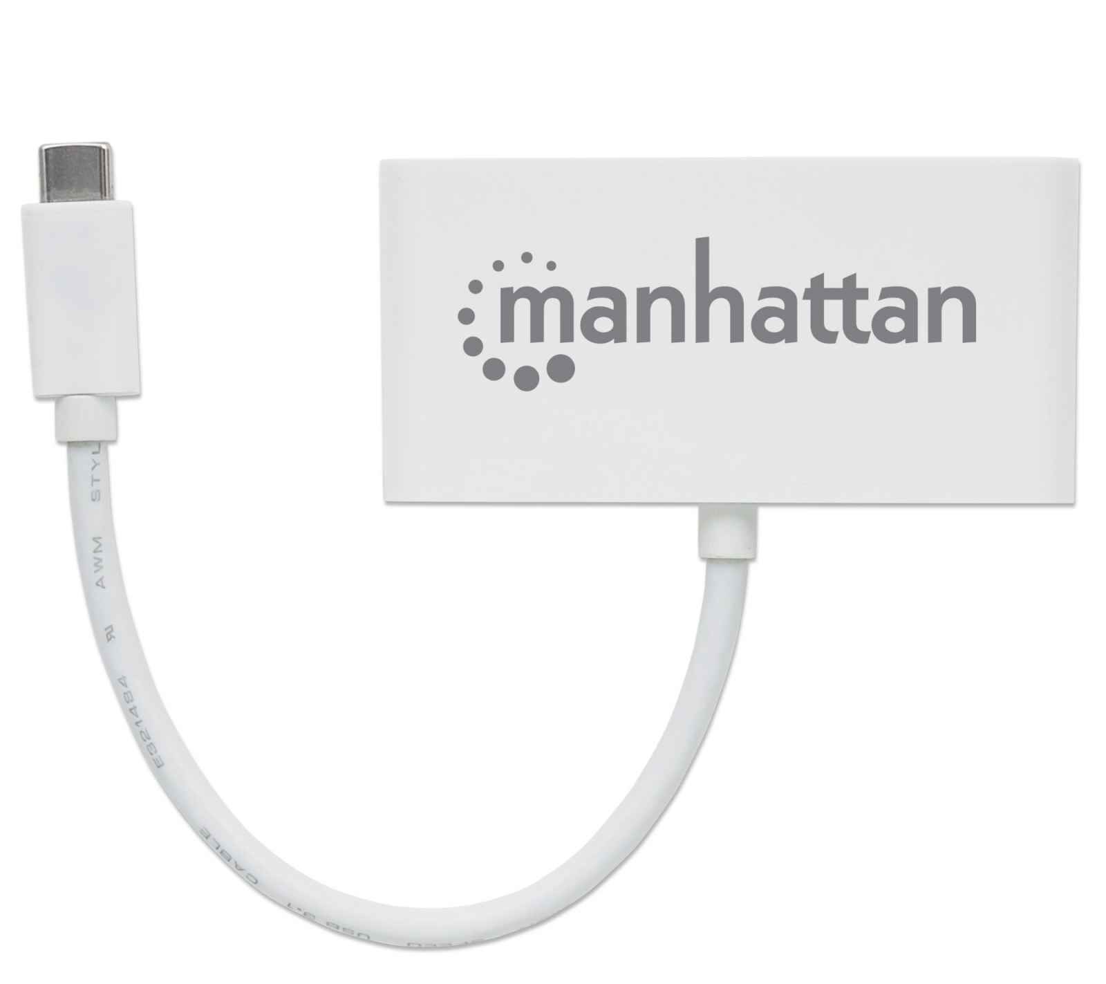 Un adattatore USB-C Manhattan bianco con un cavo bianco e un connettore USB-C. Il logo Manhattan è visibile.