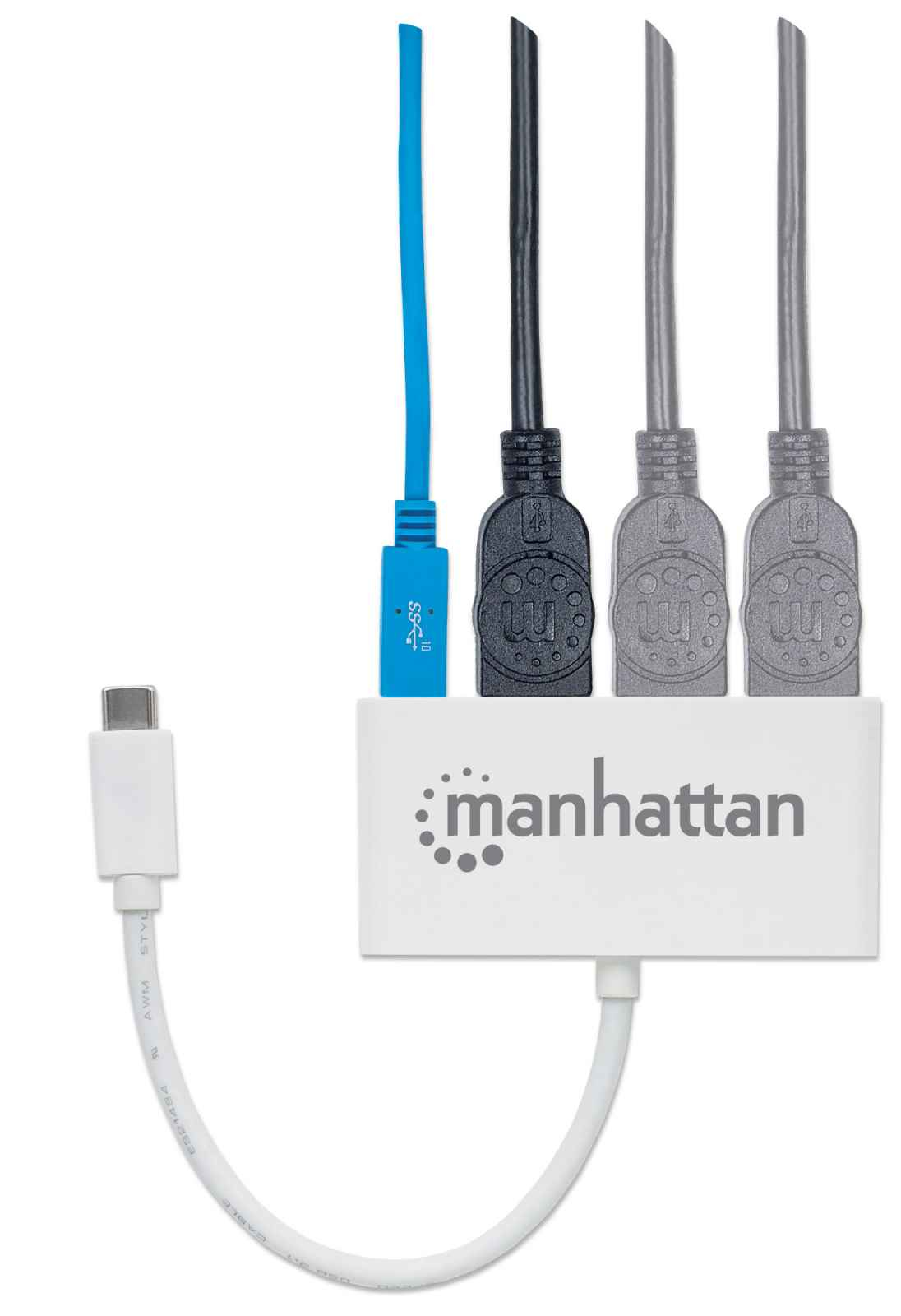 Hub USB Manhattan bianco e blu con vari cavi collegati.