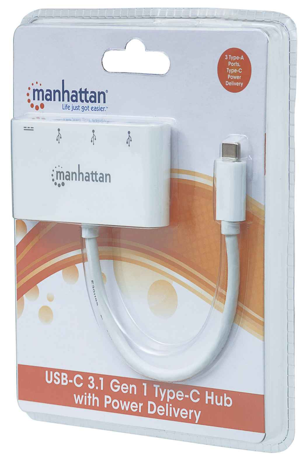 Hub bianco con connettore USB-C e tre porte USB-A in una confezione trasparente.