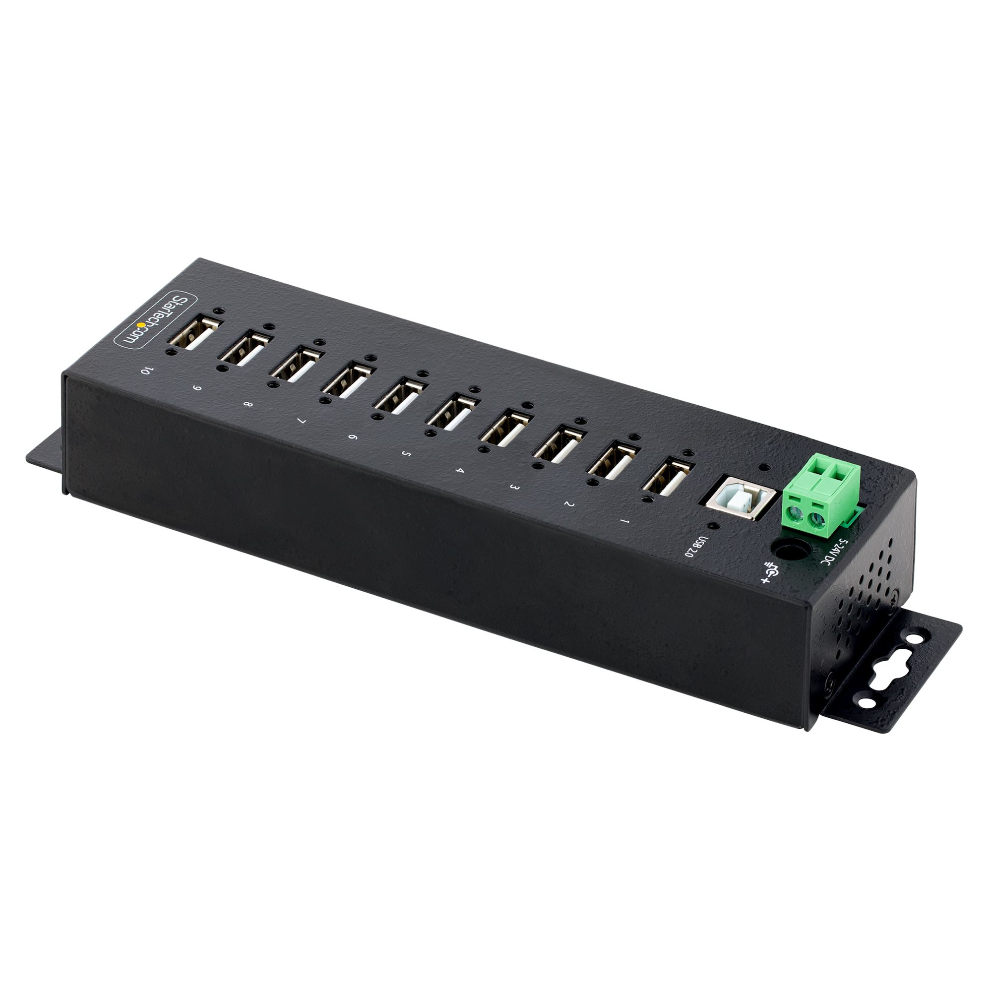 Schwarzer USB-Hub mit mehreren Anschlüssen. Die Marke ist Startech und ein grüner Stecker.