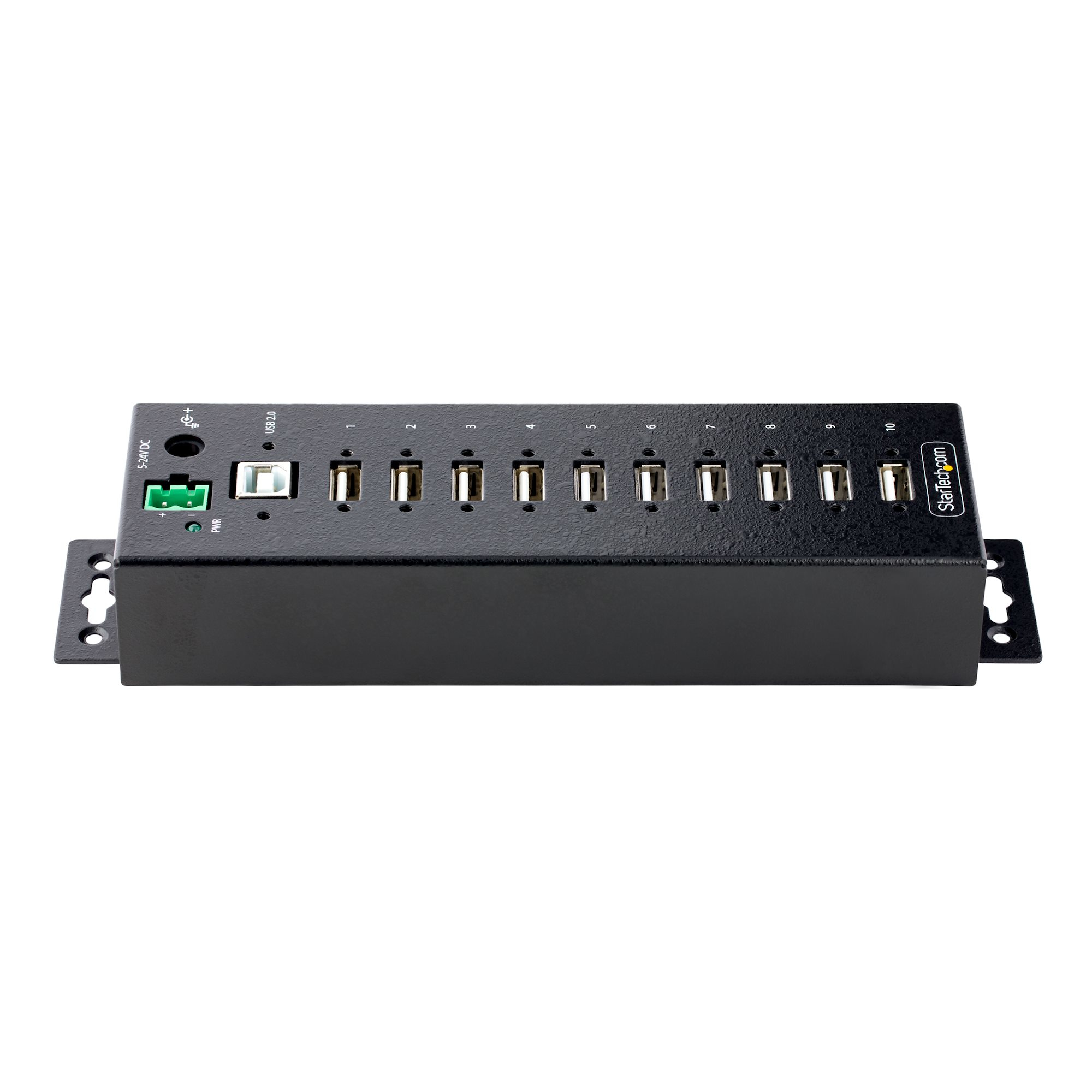 Schwarzer StarTech USB 3.0 Hub mit 10 Anschlüssen. Weißer Hintergrund.