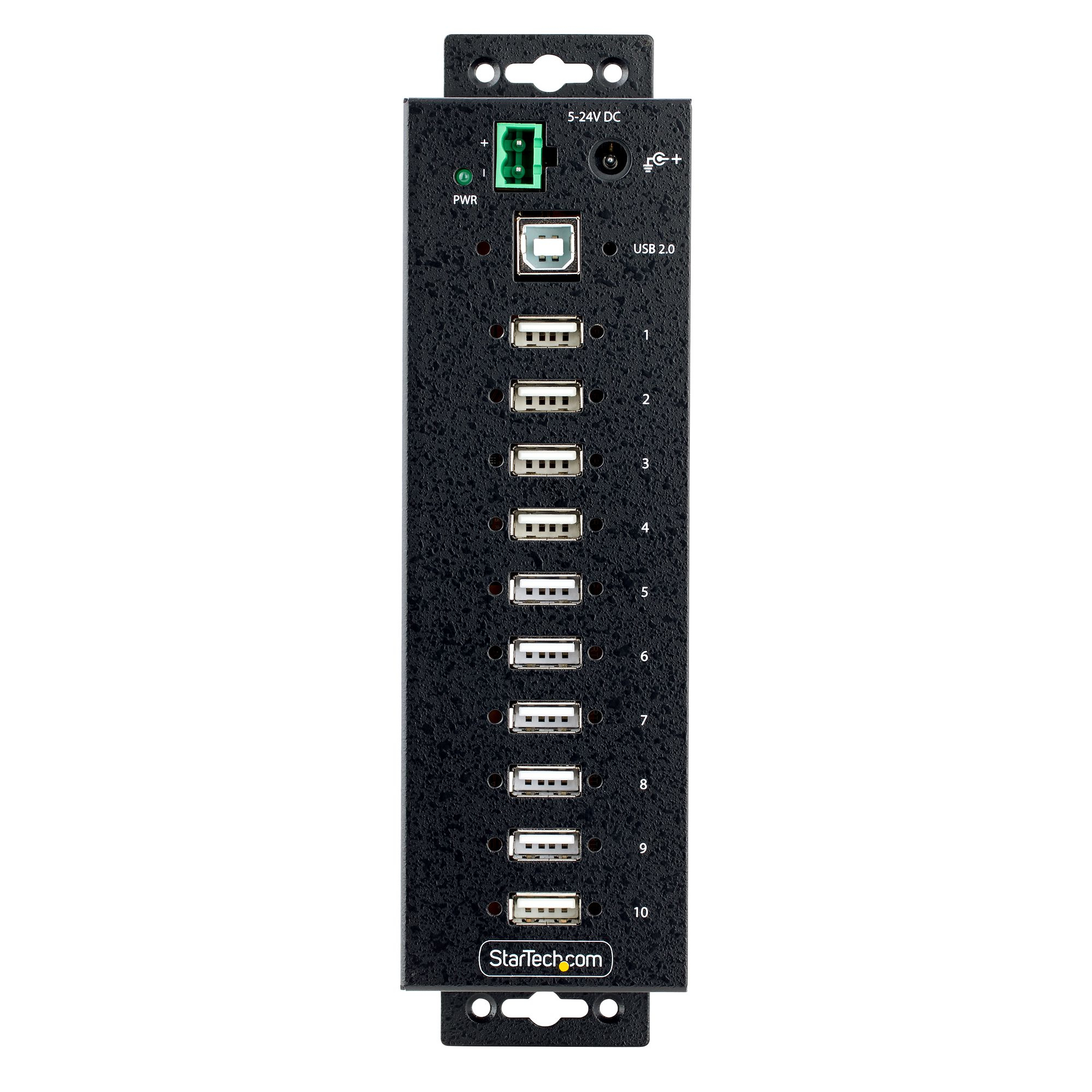 Ein schwarzer USB-Hub mit 10 Anschlüssen. Der Hub hat das StarTech.com-Logo und eine Betriebsanzeige.