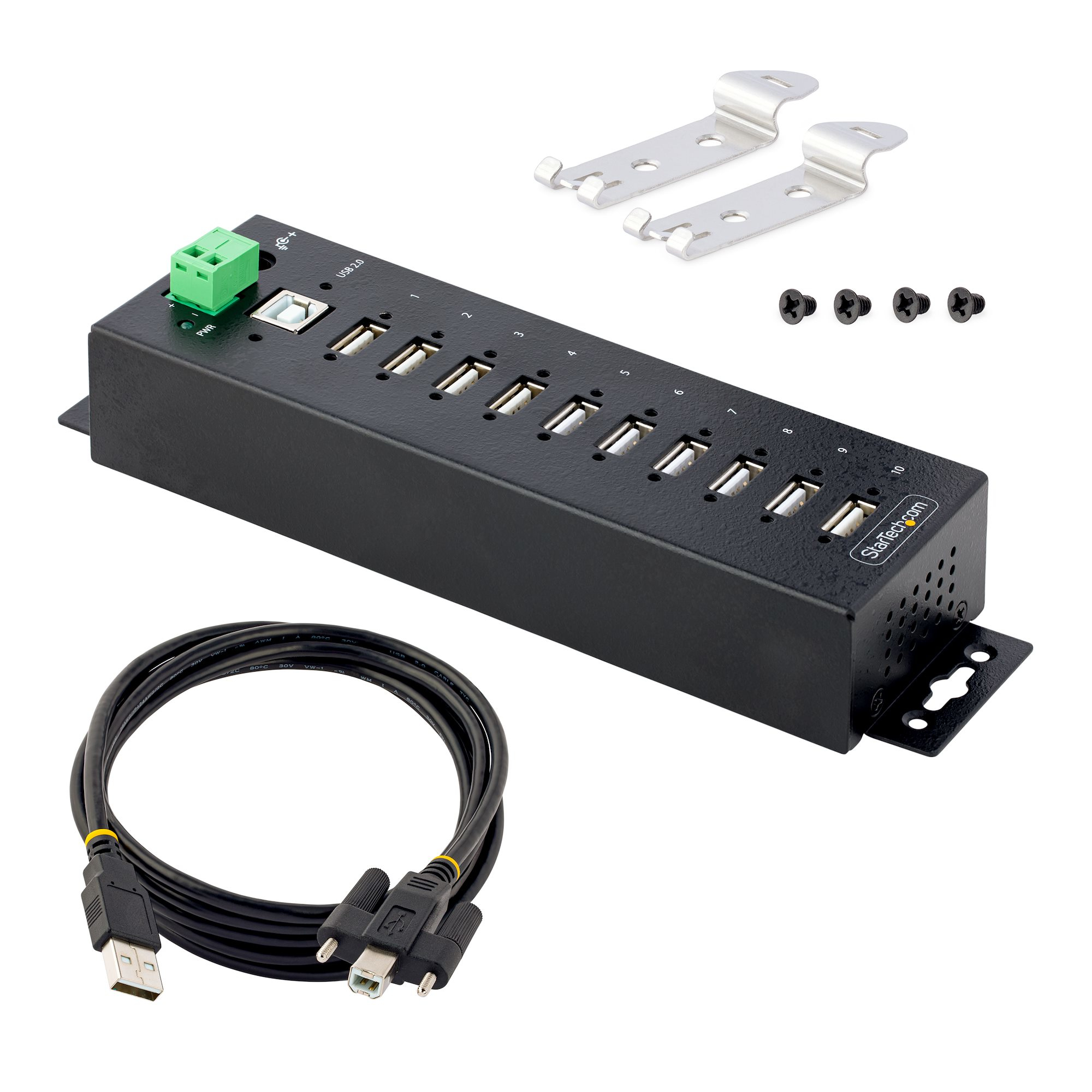 Ein schwarzer USB-Hub mit mehreren Anschlüssen, Montagehalterungen und Kabeln auf weißem Hintergrund.